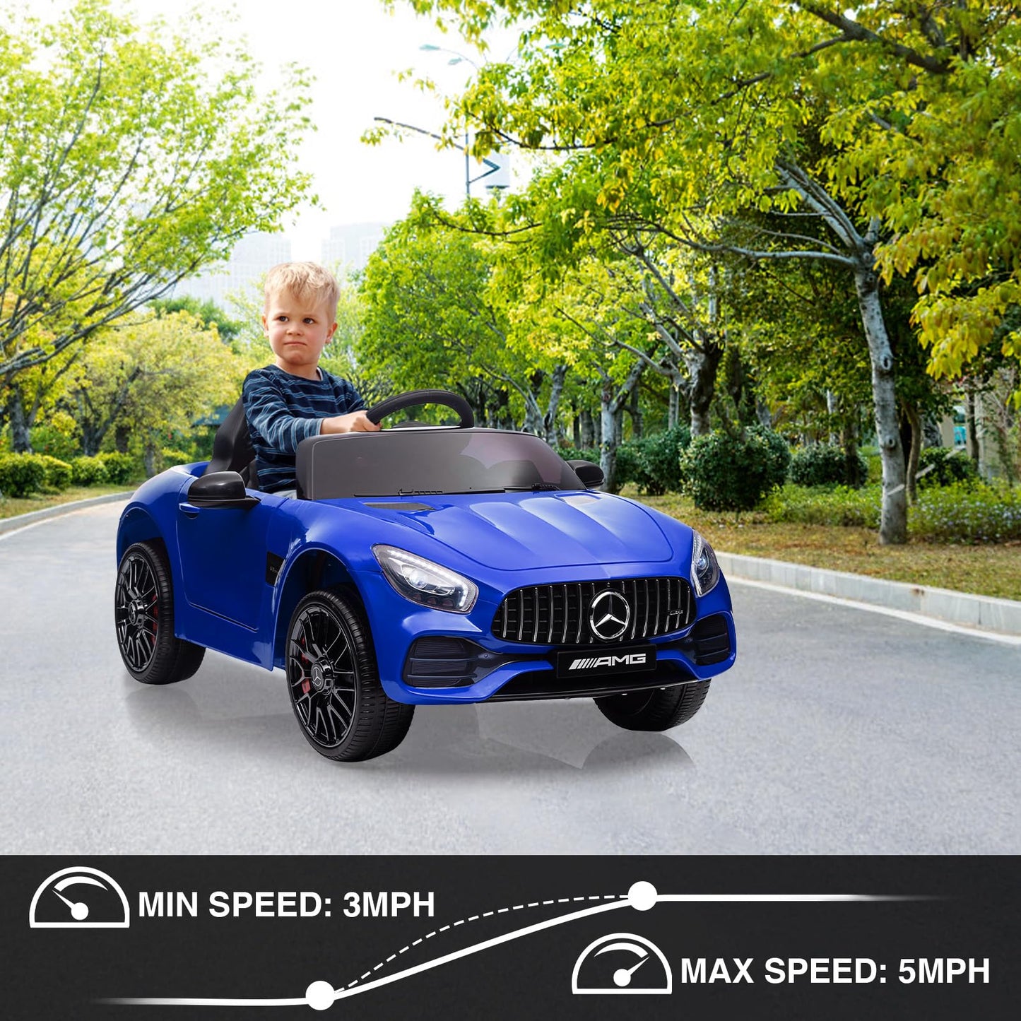Garvee Ride Car for Kids, 12V Power Battery Electric Vehicles for 3-7 Toddlers, Licensed Mercedes-Benz with Remote Control, MP3 Player - Blue