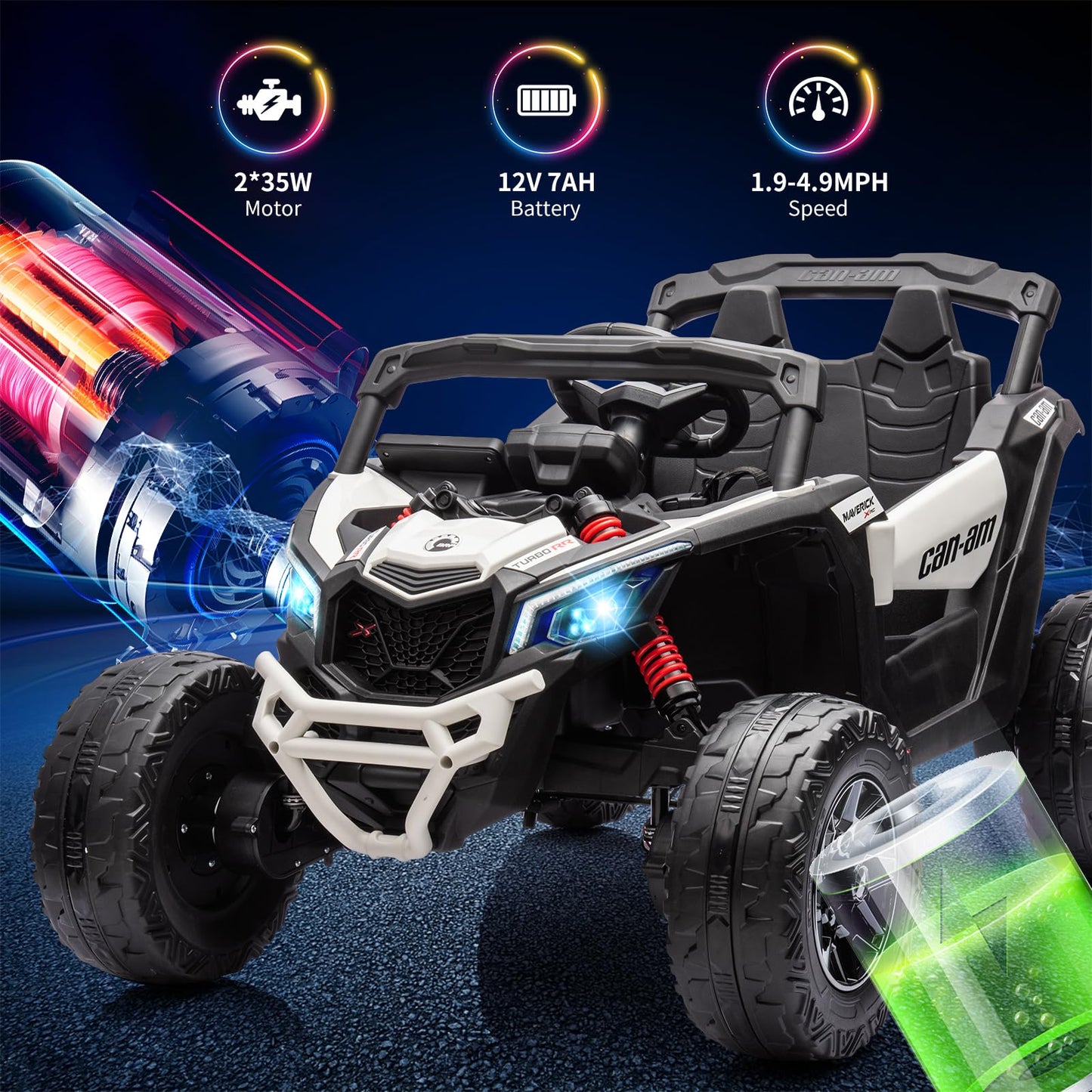 Garvee Ride - P Series: 12V Can-Am Ride-On UTV: Remote Control, Large Seat, Music, LED Lights, Spring Suspension, for Boys & Girls - White