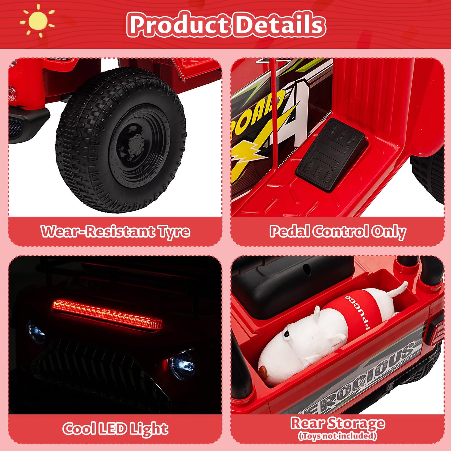 Garvee Ride - P Series: 6V Ride On Car for Toddlers - Battery Powered Electric Car with Music, LED Light, FM, Horn, Rear Storage, 4 Wheels - Red