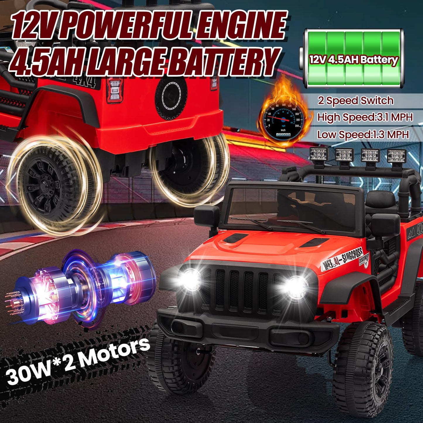 Garvee Ride - P Series: 12V Kids Electric Vehicles with Remote Control, 2 Speeds, Spring Suspension, LED Headlight, Bluetooth, Music, Battery Powered Car for Kids - Red