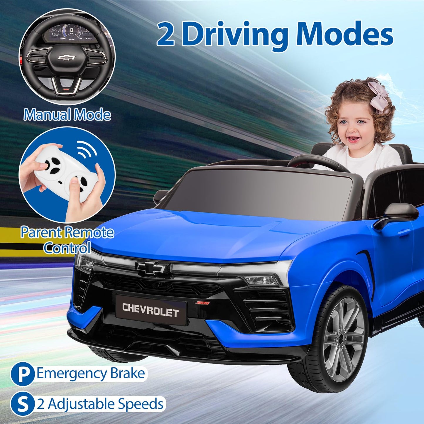 Garvee Ride - P Series: 24V 2-Seater Chevrolet Blazer Kids Car with Remote Control, Bluetooth - Blue