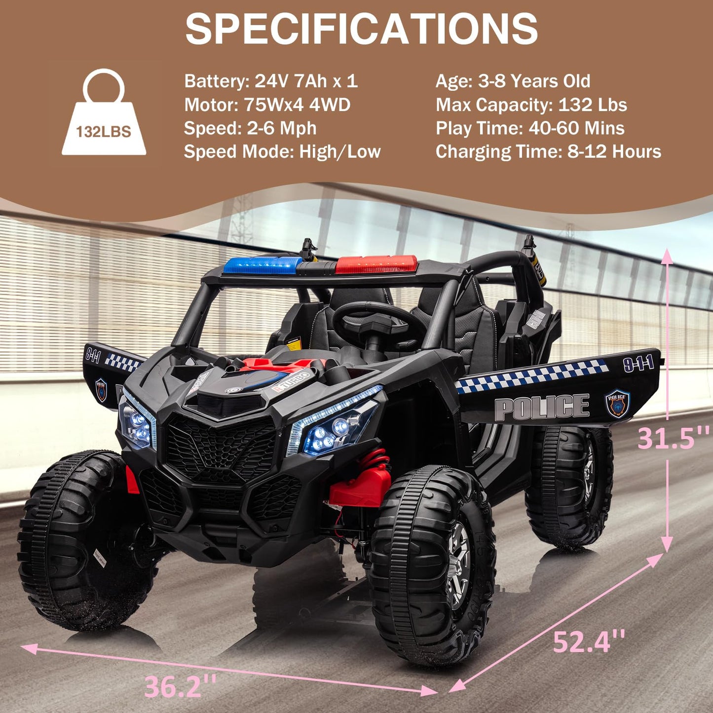 Garvee Ride - P Series: 24V 2 Seater Kids Ride on UTV Car For age 3+, w/Remote Control, 4WD Powerful Electric Vehicle with 4x75W Motors, 4 Shock Absorber, Leather Seat, Music and Light - Black