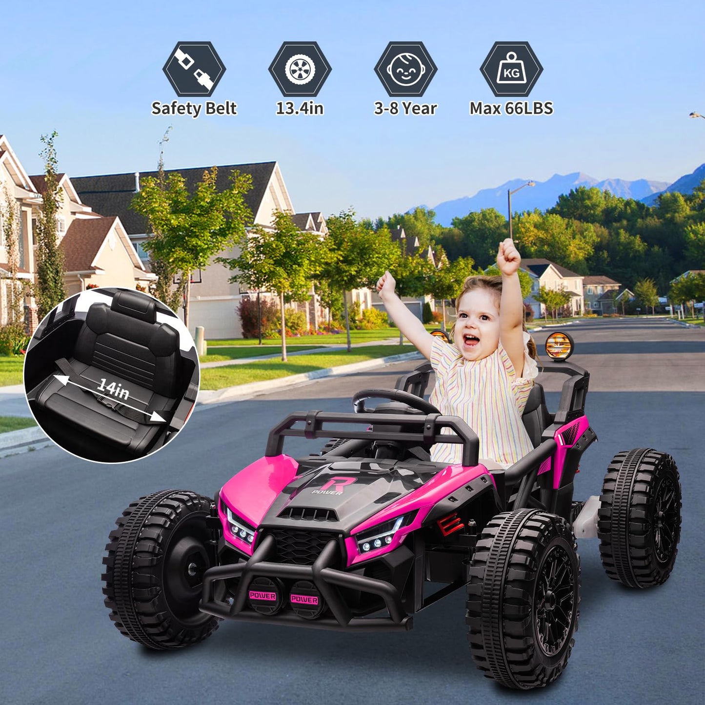 Garvee Ride - P Series: 24V Electric UTV,Ride On Toys for Big Kids,2x130W Powerful Electric Car with Remote Control， 4 Shock Absorbers，LED Lights,Music for Boys and Girls,Pink