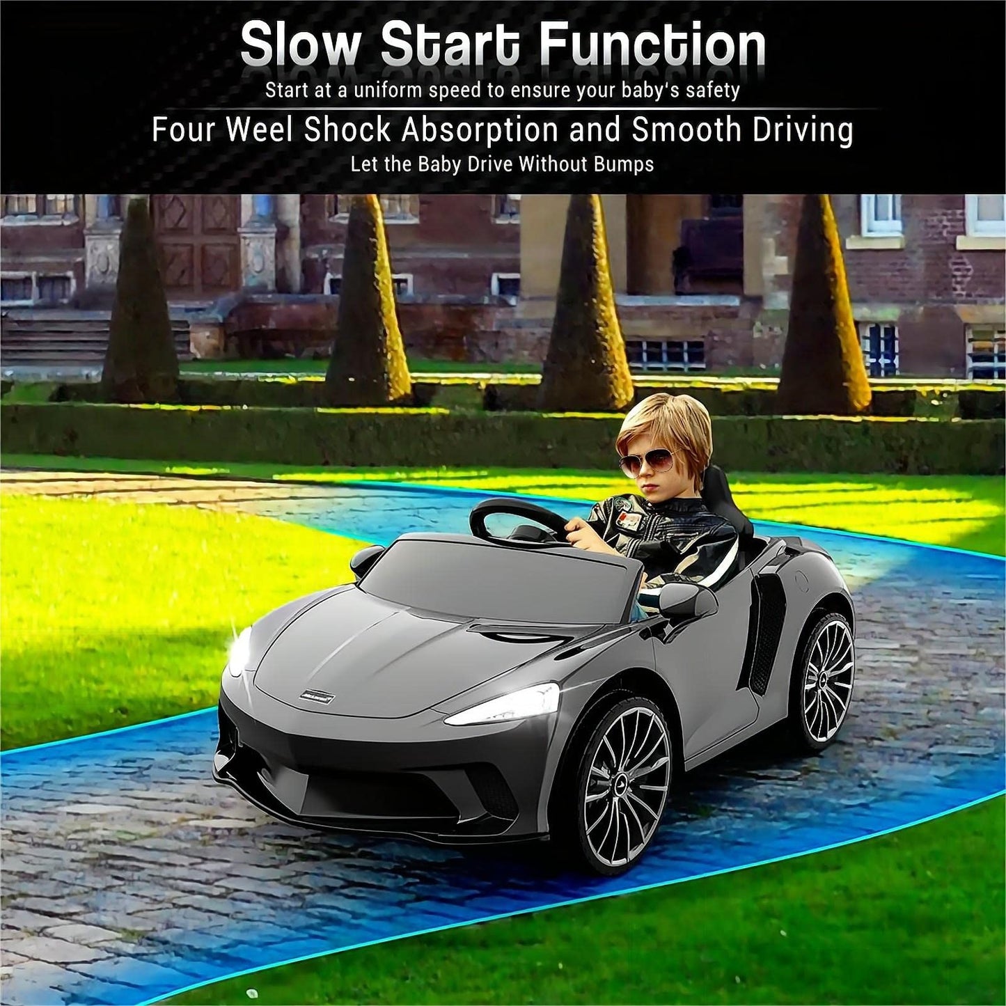 Garvee Ride - P Series: 12V Kids Ride on Car, Licensed Mclaren Battery Powered Electric Car with Remote Control, 3 Speeds, Bluetooth Music, Horn, LED Lights, 4-Wheel Ride on Toys - Black