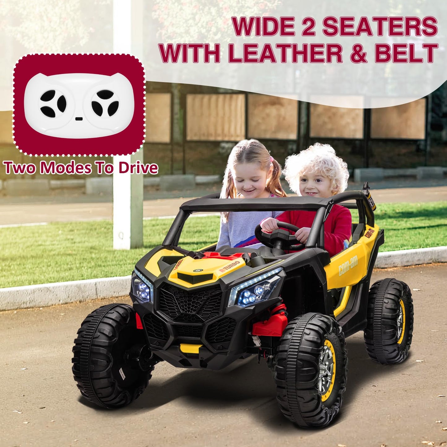 Garvee Ride - P Series: 24V 2 Seater Kids Ride on UTV Car For age 3+, w/Remote Control, 4WD Powerful Electric Vehicle with 4x75W Motors, 4 Shock Absorber, Leather Seat, Music and Light - Yellow