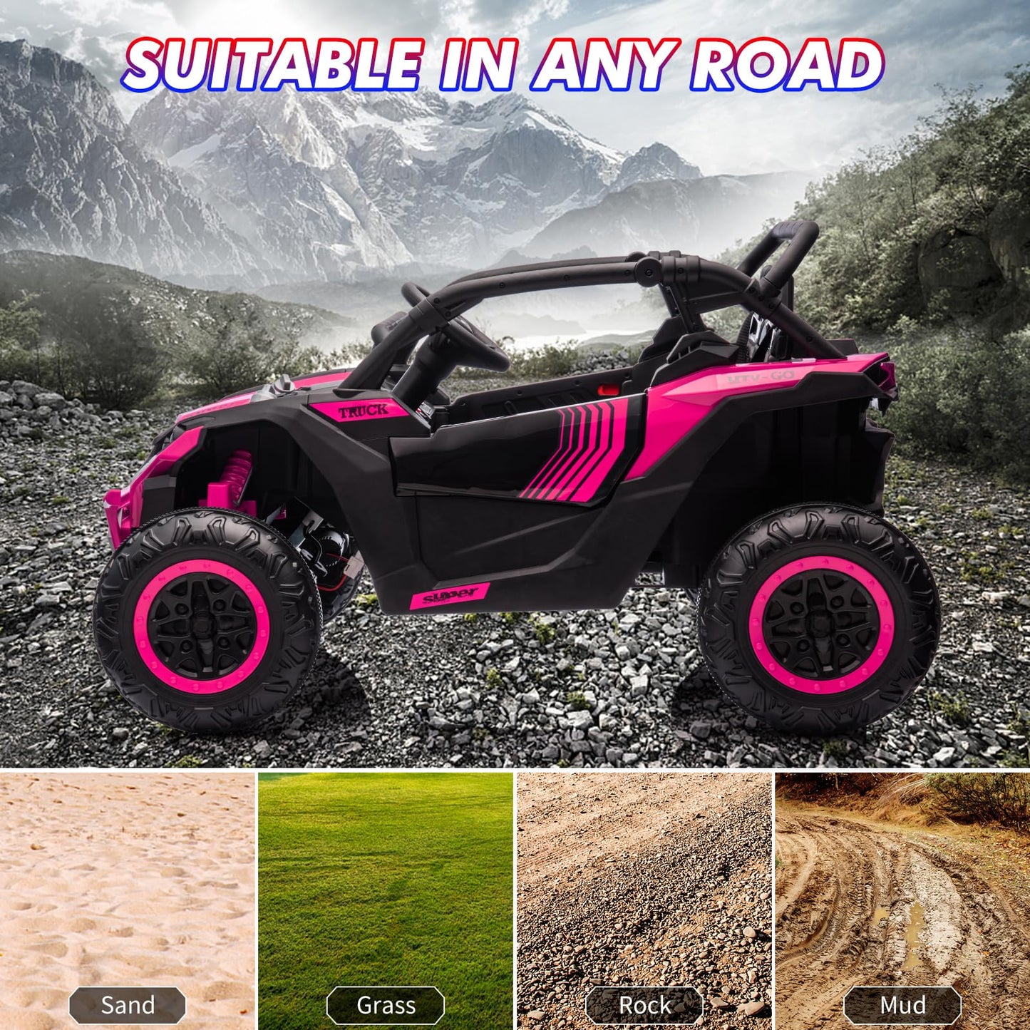 Garvee Ride - P Series: 24V Ride On Utv For Kids,2 Seater 4WD Electric Truck With Remote Control, High And Low Speed Adjustment, Led Lights, 4 Shock Absorbersm,One Click Start, Music Player(Rose)