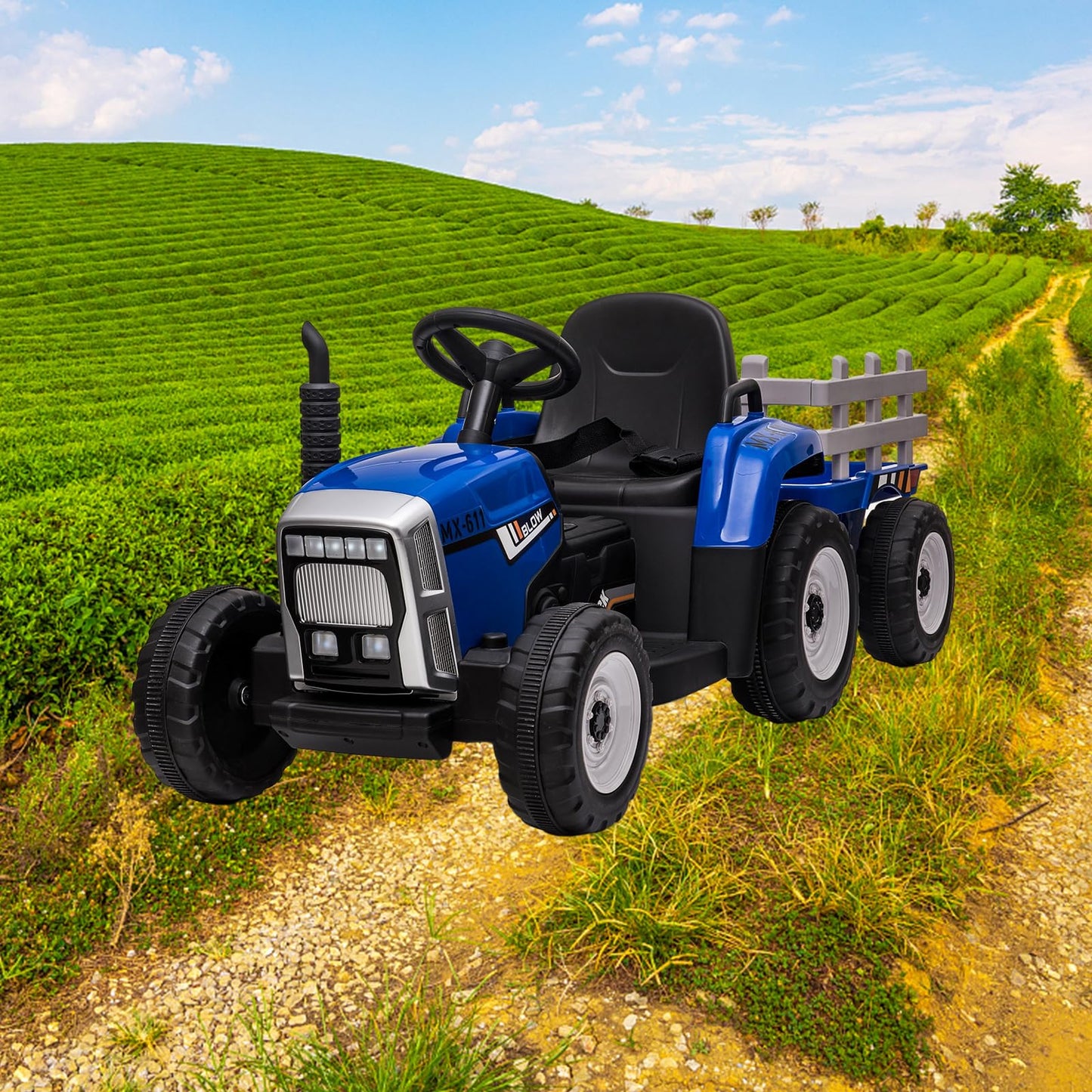 Garvee Ride - P Series: 12V Electric Tractor & Trailer for Kids, 3-6 Yrs - With RC - Blue / 25W