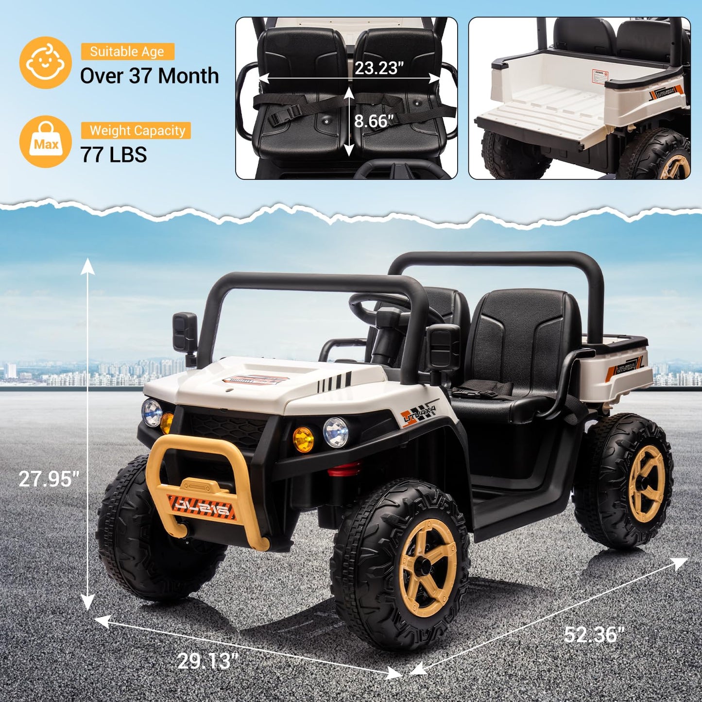 Garvee Ride - P Series: 24v Ride On Dump Truck, 2 Seater Electric Ride On Car Toy for Kids, Battery Powered UTV with 4x35W Motors, Shovel, Bluetooth, Remote Control, Music, LED Lights for Boys & Girls - White