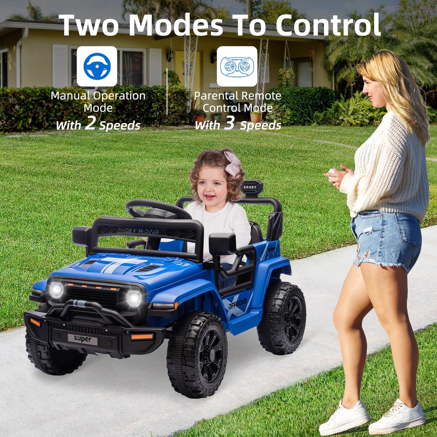 Garvee Ride - P Series: 12V Ride On Toy w/Parent Remote Control, Steering Wheel Music, 4-Wheel Spring Suspension, Led Lights, 2 Speeds, Kids Electric Vehicles for Age 3-5, Blue