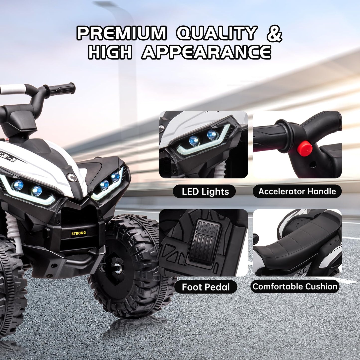 Garvee Ride - P Series: 12V Kids ATV 4 Wheeler, Music, LED Lights, Battery Powered Ride On Toy for Boys Girls, Outdoor Adventure Vehicle White