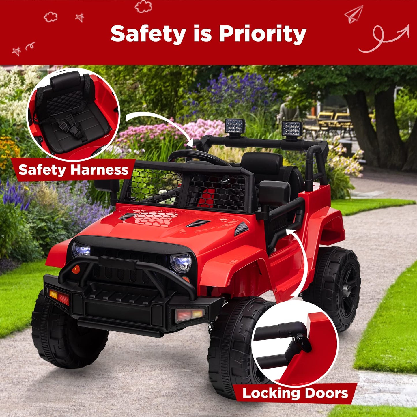 Garvee Ride - P Series: 12V Ride On Truck Car for kid : Remote Control, 3 Speeds, MP3 Music, Suspension, LED Lights,for 3+ Year Old - Red