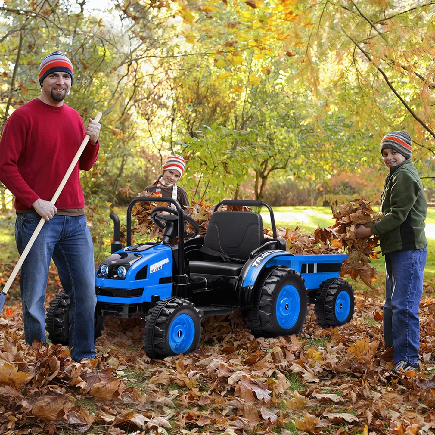 Garvee Ride - P Series: 12V Electric Ride-On Tractor for Kids with Trailer, Remote Control, Music, LED Lights, and Rear Wheel Suspension - Battery Powered Toy Vehicle - Blue