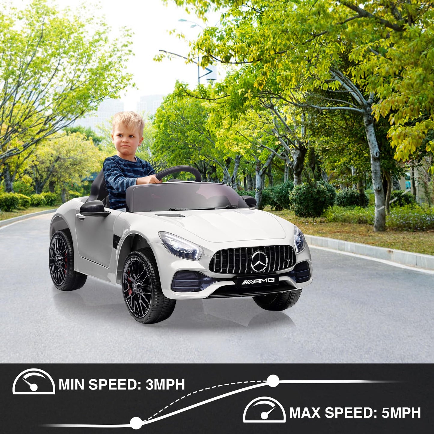 Garvee Ride Car for Kids, 12V Power Battery Electric Vehicles for 3-7 Toddlers, Licensed Mercedes-Benz with Remote Control, MP3 Player - White