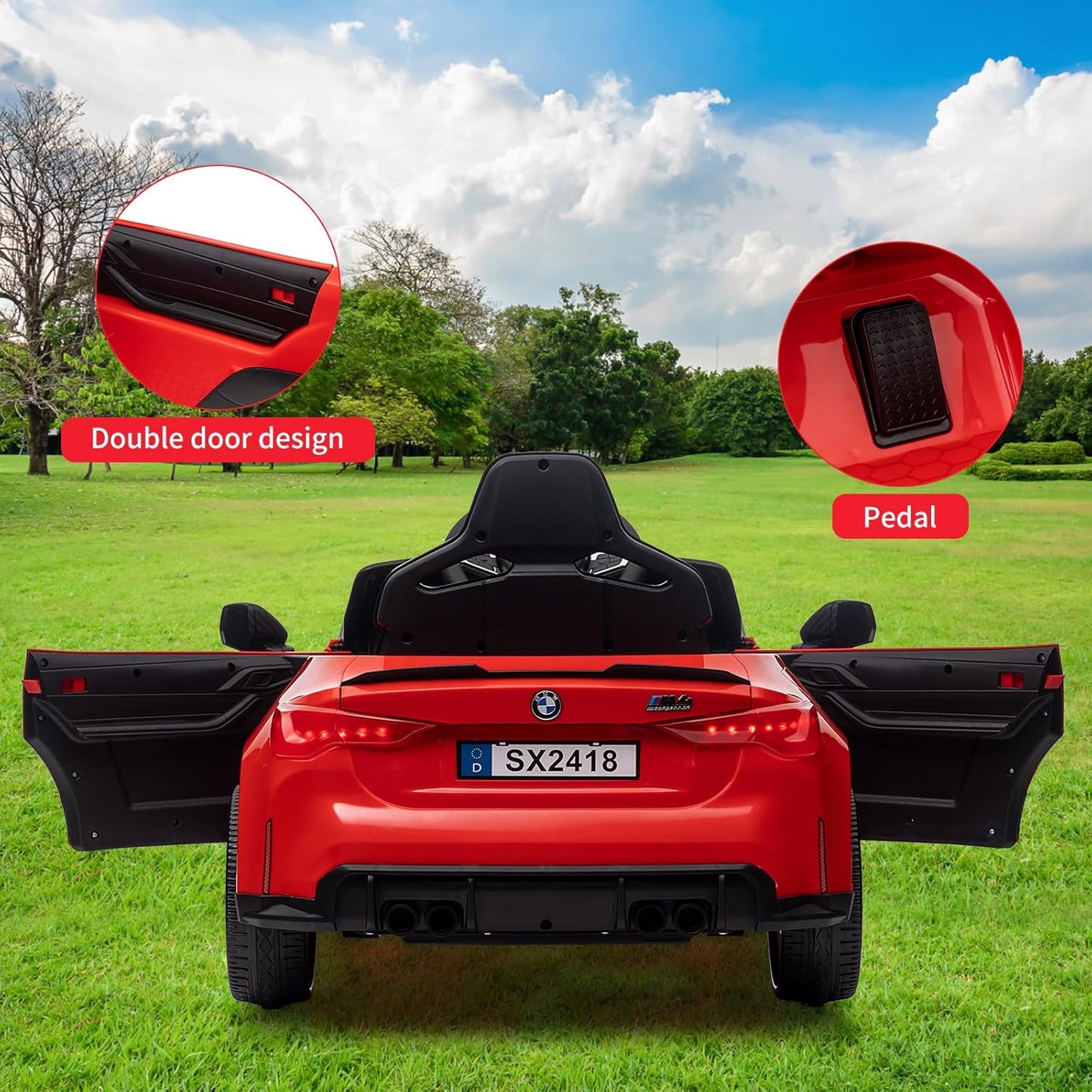 Garvee Ride - P Series: 12V Electric Ride On Car for 37-83 Months, w/RC,Licensed by BMW M4,Power Wheels for Boys Girls, with Suspension System,3 Speeds, Bluetooth, MP3, Double Door, LED Light - Red