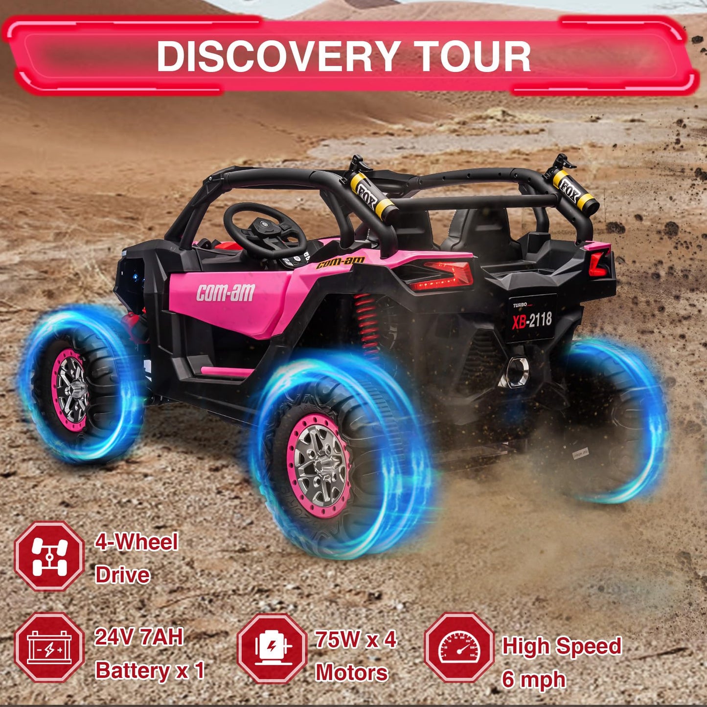 Garvee Ride - P Series: 24V 2 Seater Kids Ride on UTV Car For age 3+, w/Remote Control, 4WD Powerful Electric Vehicle with 4x75W Motors, 4 Shock Absorber, Leather Seat, Music and Light - Pink