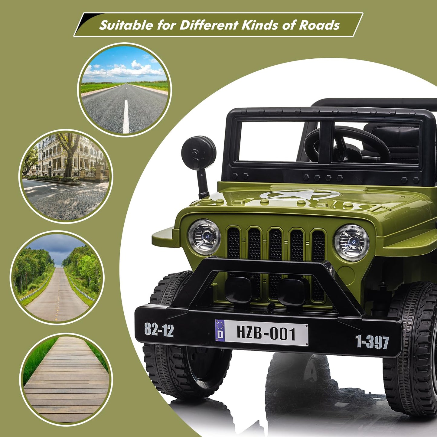 Garvee Ride - P Series: 12V Kids Ride On Truck Car, Remote Control, Spring Suspension, Multiple Speeds, LED Lights, Music, Safety Belt, Outdoor Adventure Toy for Kids 3+ Green