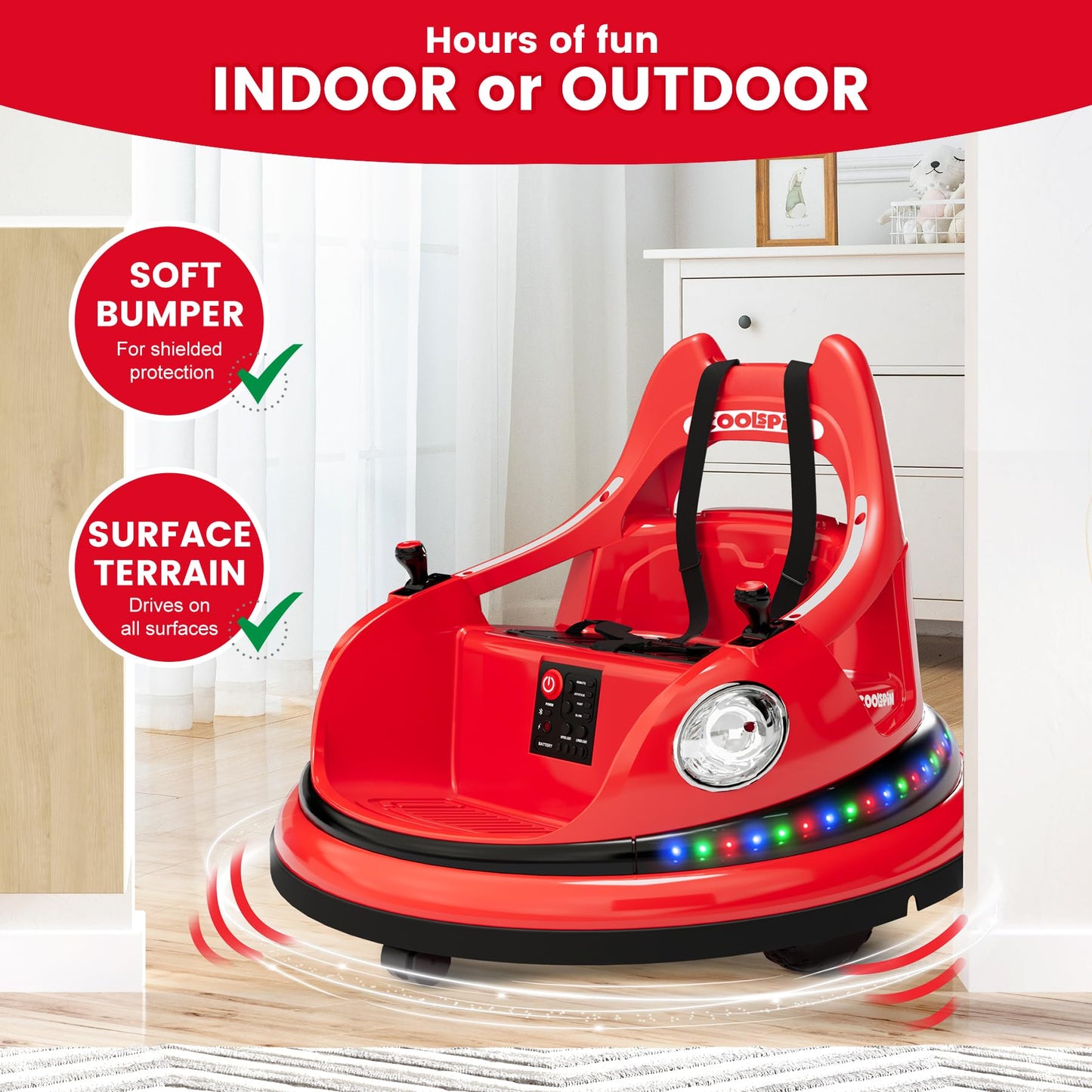 Garvee Ride - P Series: 12V Ride on Toddler Bumping Car W/Remote Control, LED Lights & 360 Degree Spin, ASTM Certified - Red