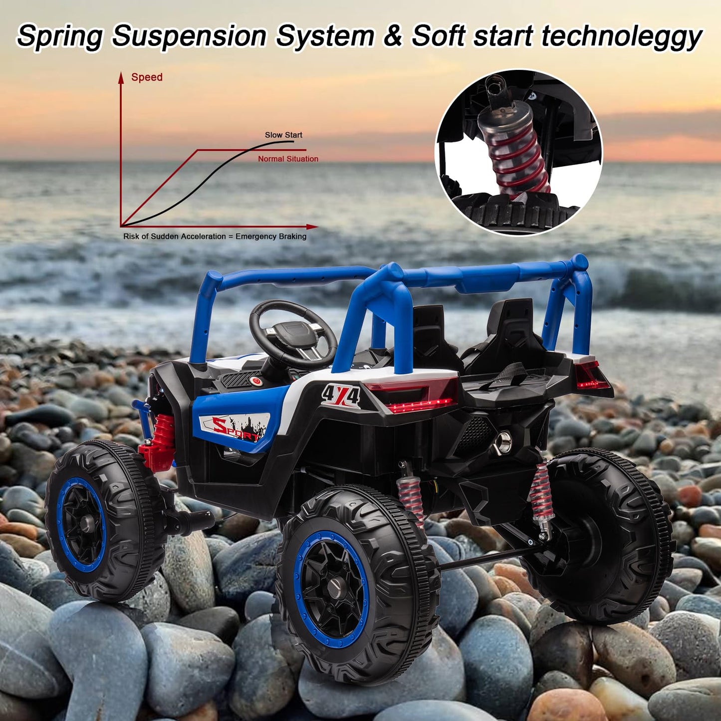 Garvee 2 Seater Ride on Car for Kids, 24V Powered Electric Off-Road UTV Ride Toy, 4WD Electric Vehicle with Remote Control, LED Lights, Bluetooth, 3 Speeds, Horn, 2 Spring Suspension (Blue)