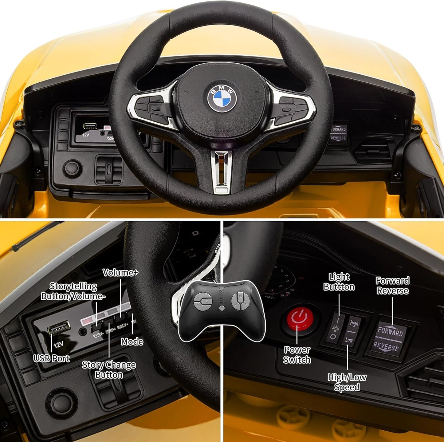 Garvee Ride - P Series: 12V Electric Ride On Car for 37-83 Months, w/RC,Licensed by BMW M4,Power Wheels for Boys Girls, with Suspension System,3 Speeds, Bluetooth, MP3, Double Door, LED Light - Yellow