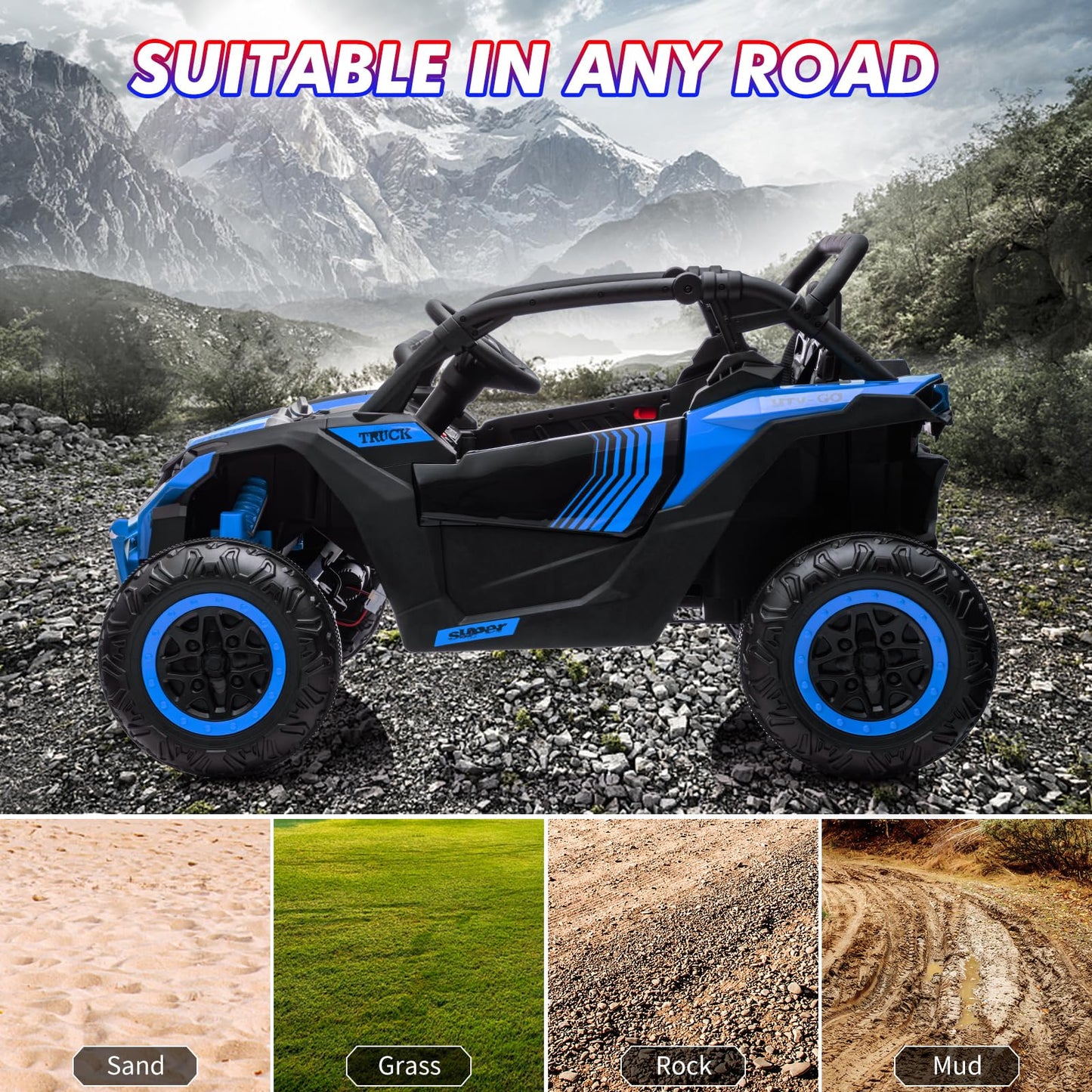 Garvee Ride - P Series: 24V Ride On Utv For Kids,2 Seater 4WD Electric Truck With Remote Control, High And Low Speed Adjustment, Led Lights, 4 Shock Absorbersm,One Click Start, Music Player(Blue)