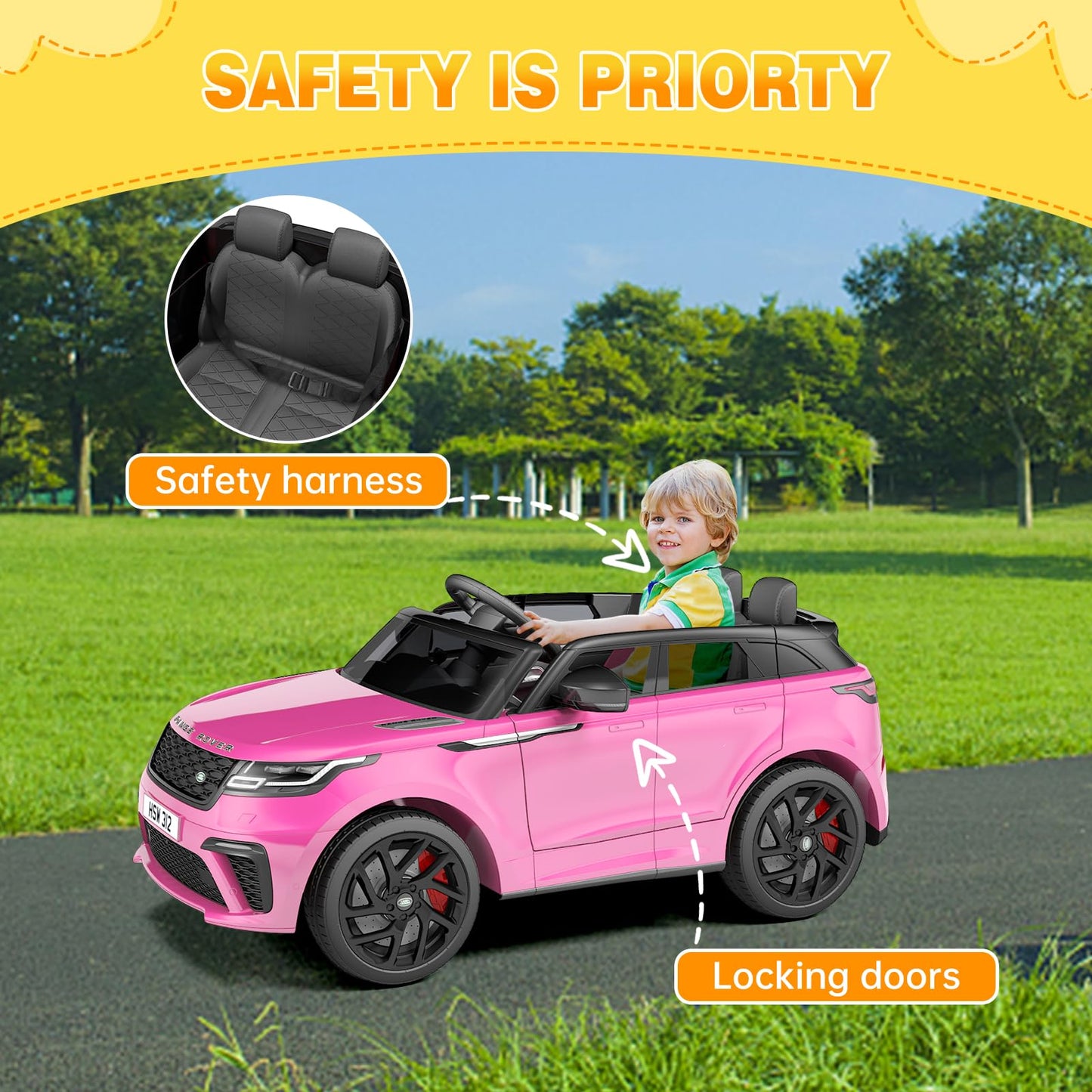 Garvee Ride - P Series: 3-8, 12V Licensed Land Rover Ride Electric Car for Kids with Parent Remote Control, MP3 Player, Rocking, Pull Rod - Pink