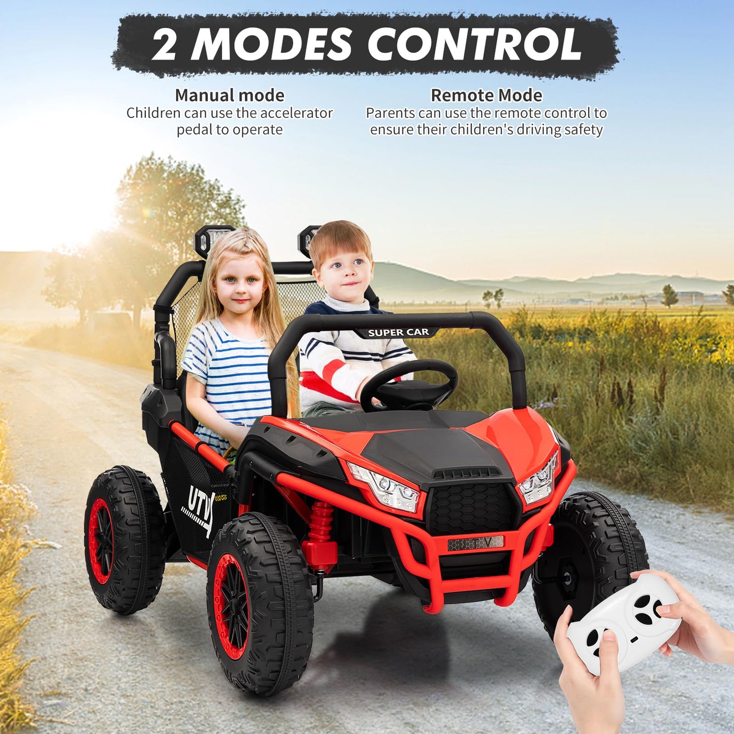 Garvee Ride - P Series: 24V 2 Seater Ride On Car, XXXL Off-Road Utv for Kids w/Metal Frame, 20 Inch Wide Seat, 400W Electric Vehicle Toy Car w/Pop Music, 3 Speeds for Boys and Girls,Red