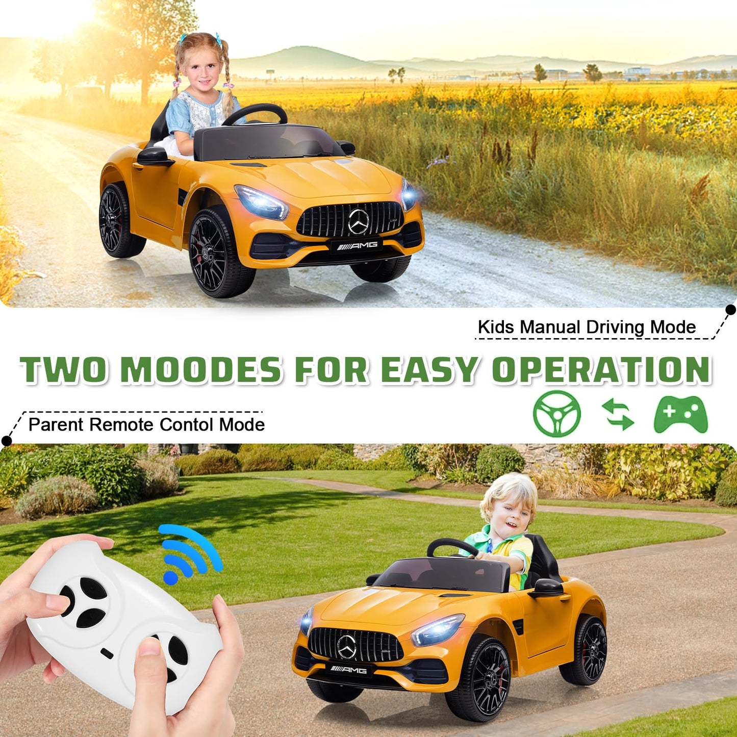 Garvee Ride Car for Kids, 12V Power Battery Electric Vehicles for 3-7 Toddlers, Licensed Mercedes-Benz with Remote Control, MP3 Player - Yellow