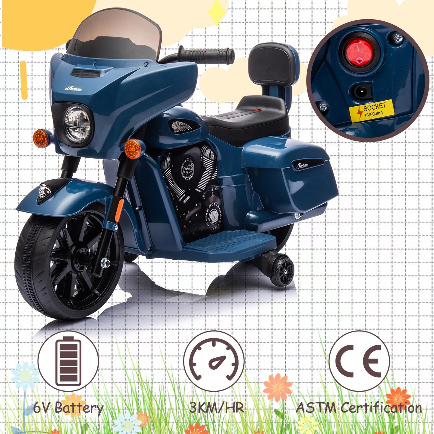 Garvee Ride - B Series: 6V Ride-On Motorcycle for Kids, Electric Dirt Bike with USB, Music, Headlight - Blue