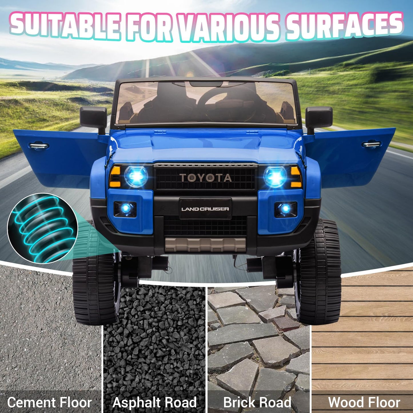 Garvee Ride P Series 24V 2 Seater Ride on Car, Garvee Licensed Toyota LC250 Ride on Toy for Big Kids with Remote Control, 4×100W Power 4 Wheels Ride on Truck with 4WD/2WD Switchable, Spring Suspension, Shovel, Music, Blue
