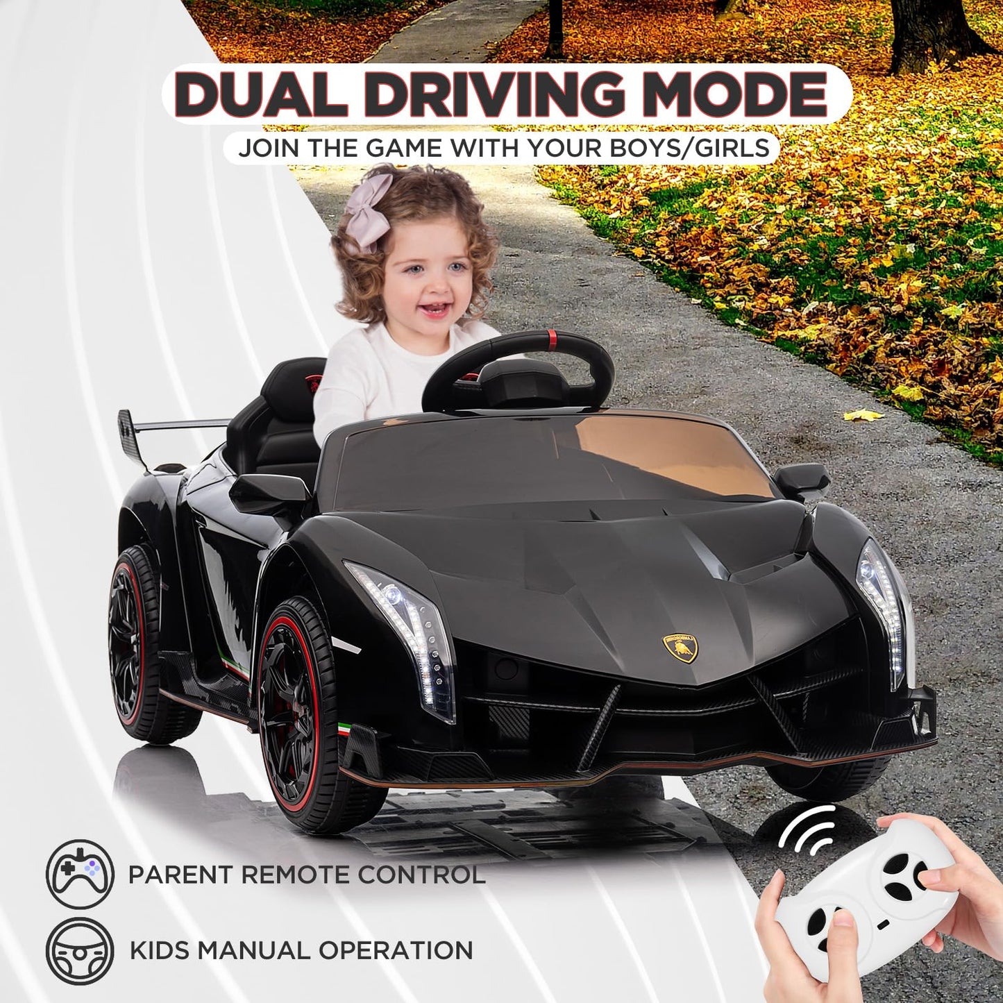 Garvee 12V Kids Ride On Car, Licensed Lamborghini Venono Electric Car w/Parent Remote Control, Scissor Door, 3 Speeds, LED Headlights, Rocking & Music, Battery Powered Ride on Toy for Boys Girls- Black