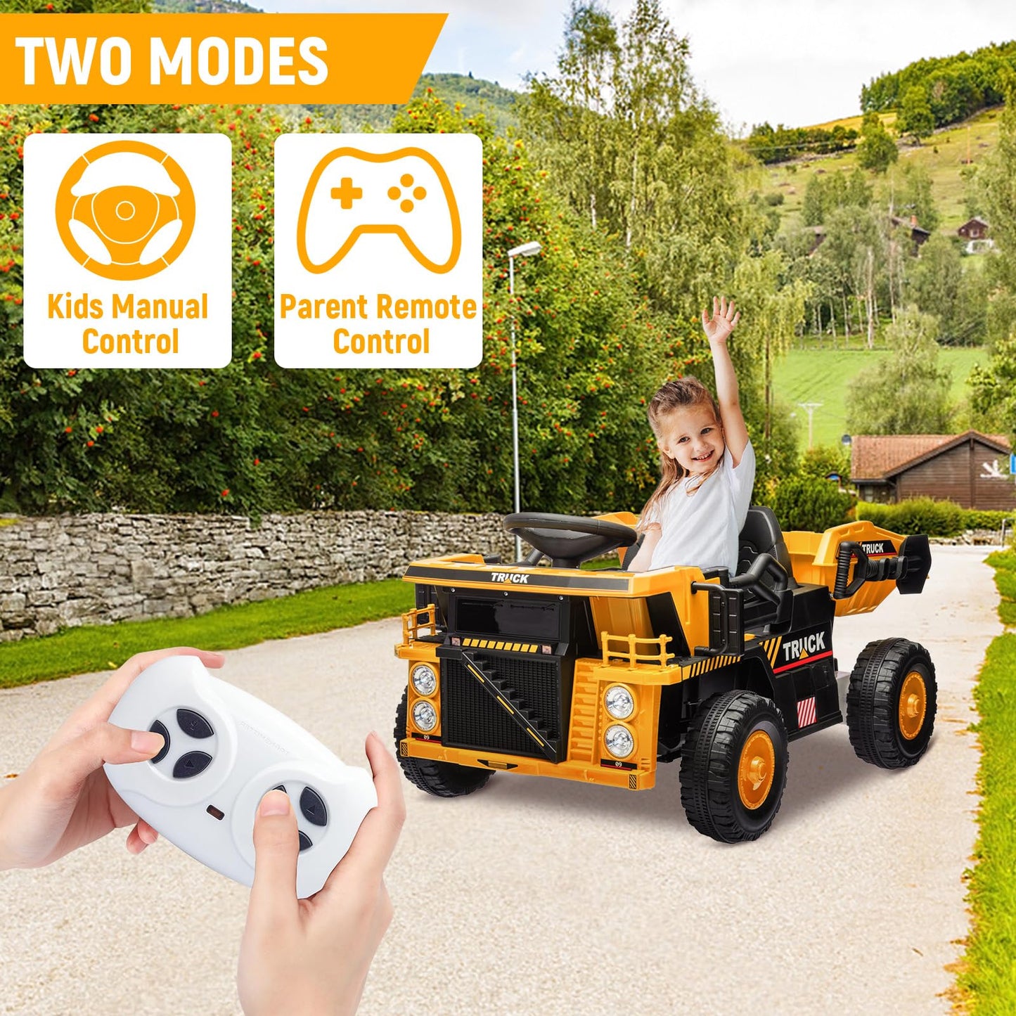 Garvee Ride - P Series: 12V Ride On Construction Vehicle for Kids With Remote Control, Electric Dump Bed,Shovel,Music Player, and Four Wheel Shock Absorption for Kids 3+(Yellow)