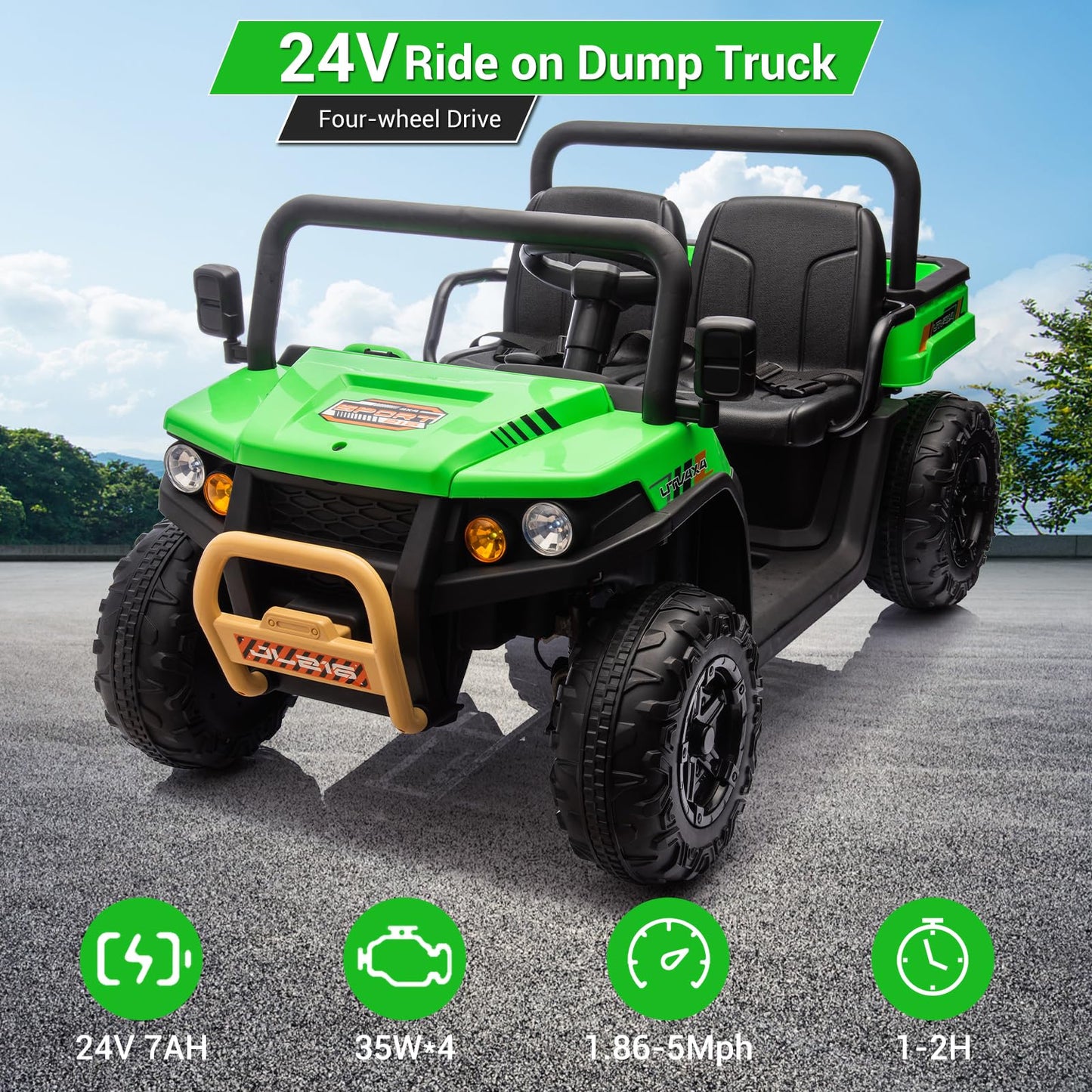 Garvee Ride - P Series: 24v Ride On Dump Truck, 2 Seater Electric Ride On Car Toy for Kids, Battery Powered UTV with 4x35W Motors, Shovel, Bluetooth, Remote Control, Music, LED Lights for Boys & Girls - Green