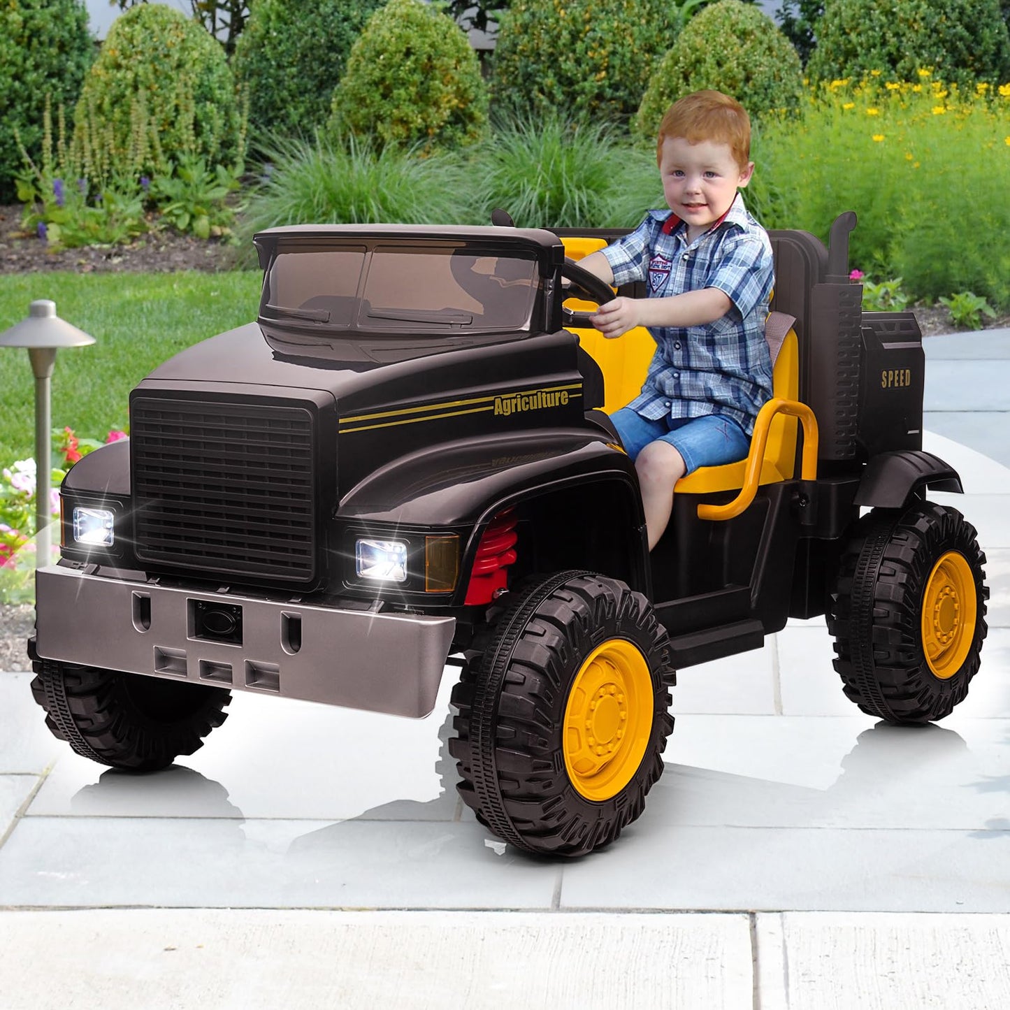 Garvee Ride - P Series: 24V Ride On Truck with Remote Control Electric UTV Vehicles with Dump Bed, 4WD Power 4x200W Motors,4xSpring Suspension, 3 Speeds, 2 Seater Kids Ride On Toys Best Gifts for Kids - Black