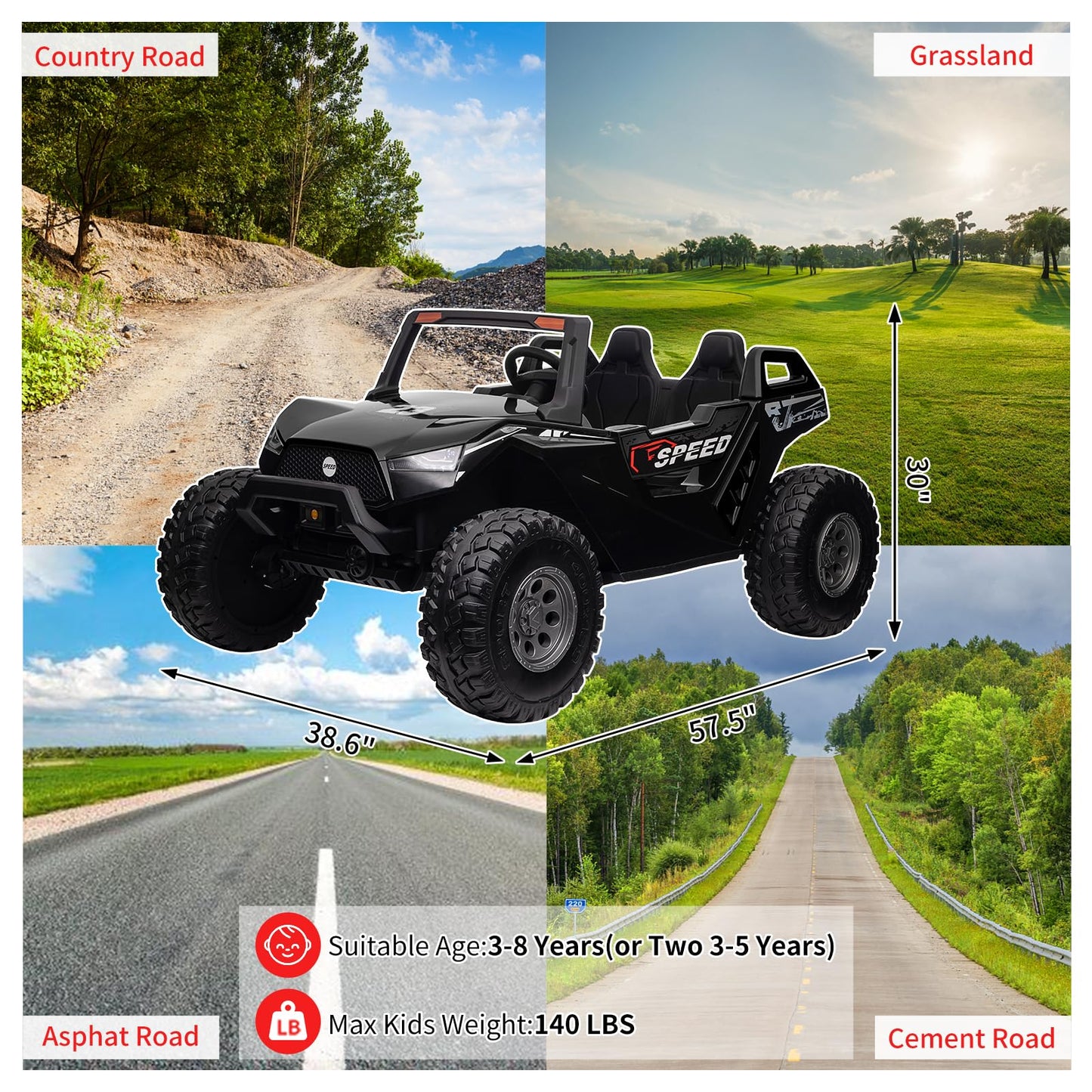 Garvee Ride - P Series: 24V 2-Seater Ride-On UTV: Remote Control, 4WD Motors, 21" Seats + Foldable Seat, 15.4" EVA Wheels, Music, LED Lights, 140lb Max Load - Black