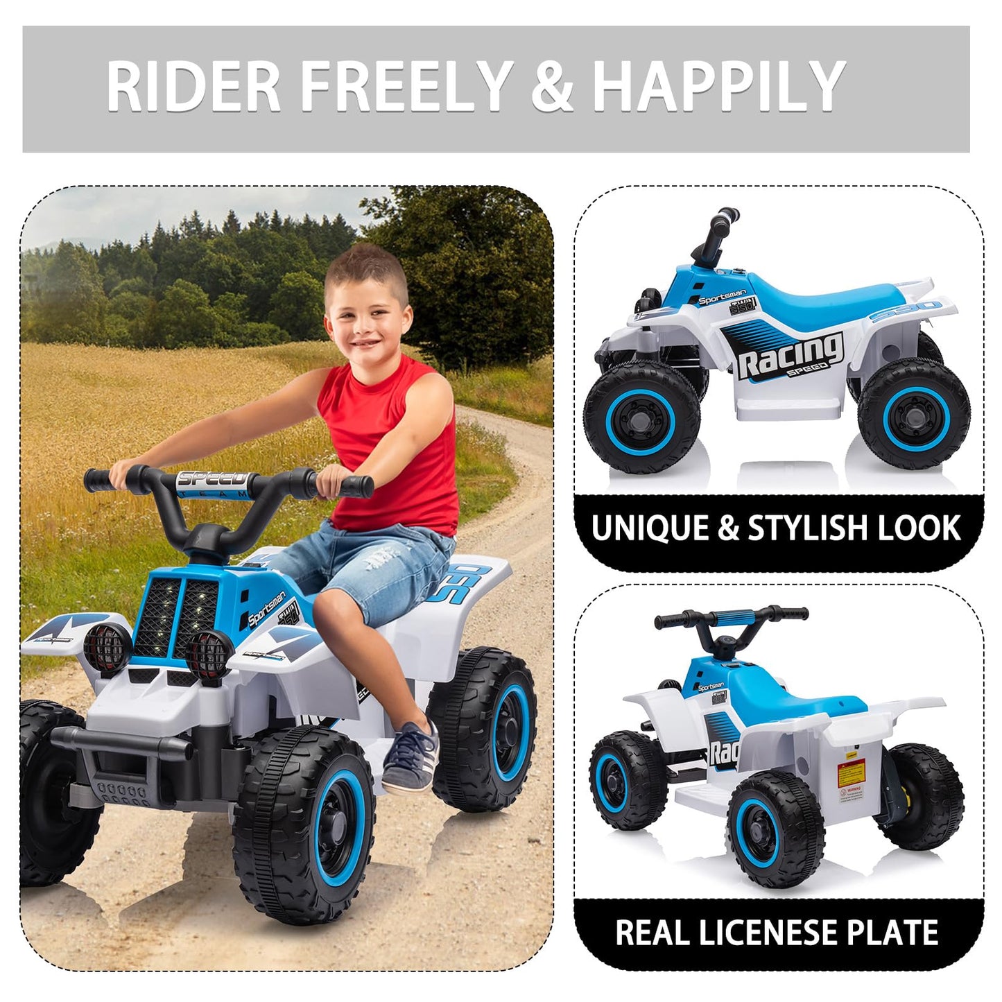 Garvee Ride - P Series: 6V Kids Ride On Electric Quad ATV, Ride Car with LED Headlights, Ride-On Toy for Toddlers 1-3 Boys & Girls with Music, Forward & Reverse - Blue and white