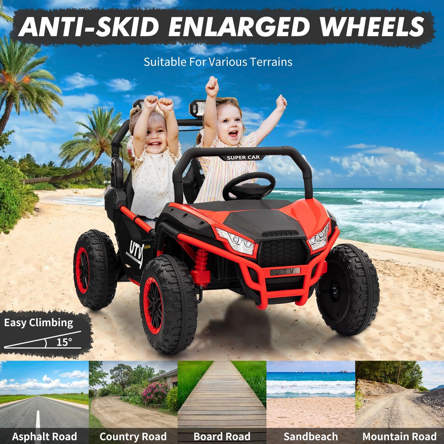Garvee Ride - P Series: 24V 2 Seater Ride On Car, XXXL Off-Road Utv for Kids w/Metal Frame, 20 Inch Wide Seat, 400W Electric Vehicle Toy Car w/Pop Music, 3 Speeds for Boys and Girls,Red