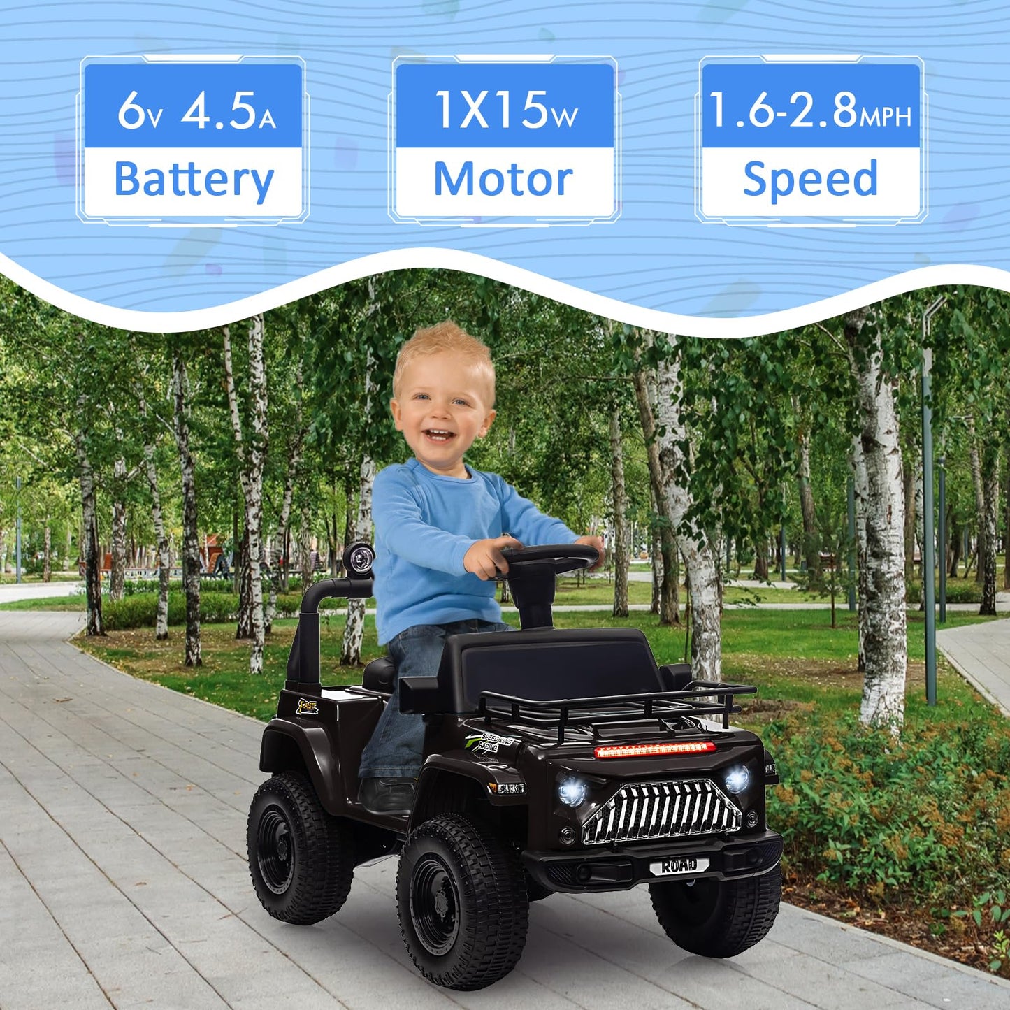 Garvee Ride - P Series: 6V Ride On Car for Toddlers - Battery Powered Electric Car with Music, LED Light, FM, Horn, Rear Storage, 4 Wheels - Black