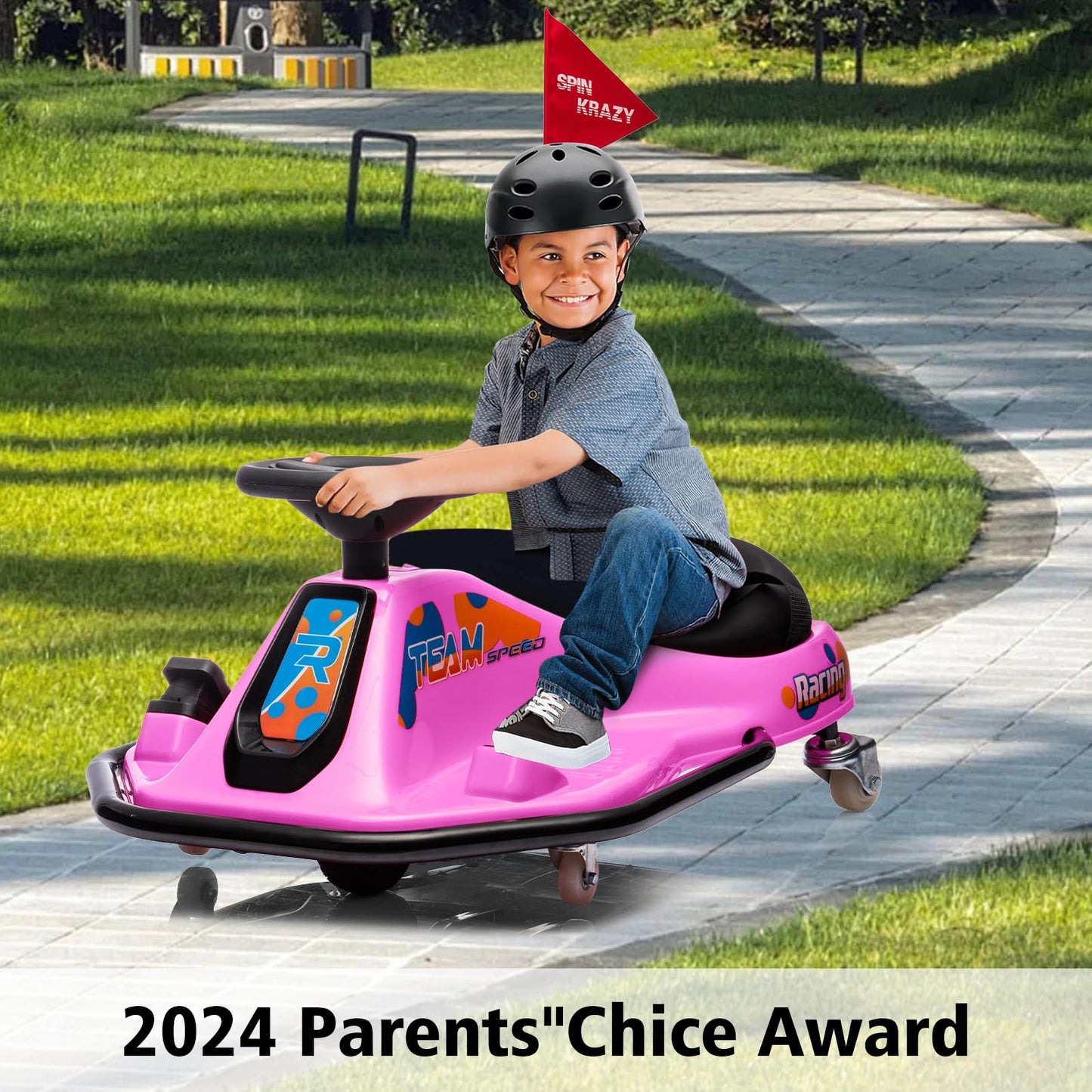 Garvee Ride - P Series: 360 Degrees Rotating Ride On Drift Car,Electric Drifting Go Kart,24V Ride On Race Car,Variable Speed for Kids,Simplified Drift System,Flashing Lights, Flag, Music - Pink