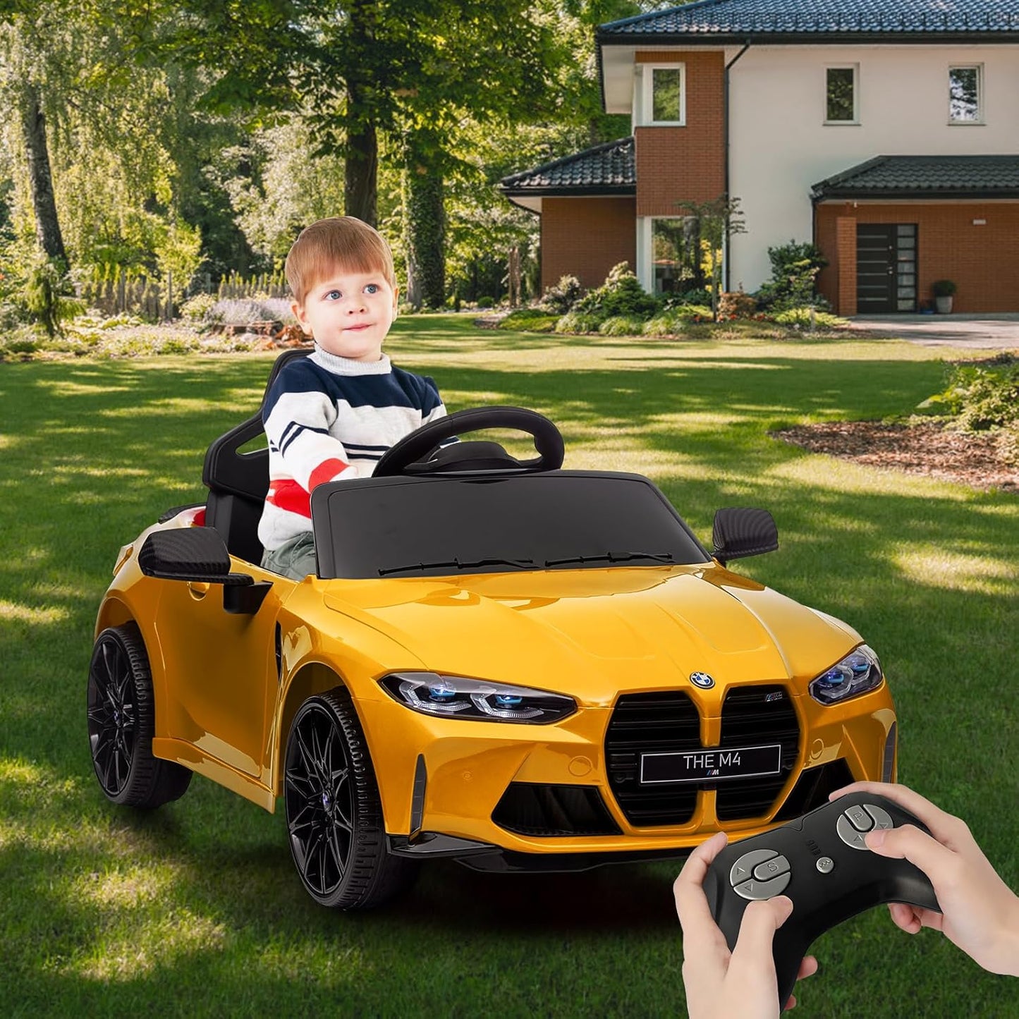 Garvee Ride - P Series: 12V Electric Ride On Car for 37-83 Months, w/RC,Licensed by BMW M4,Power Wheels for Boys Girls, with Suspension System,3 Speeds, Bluetooth, MP3, Double Door, LED Light - Yellow