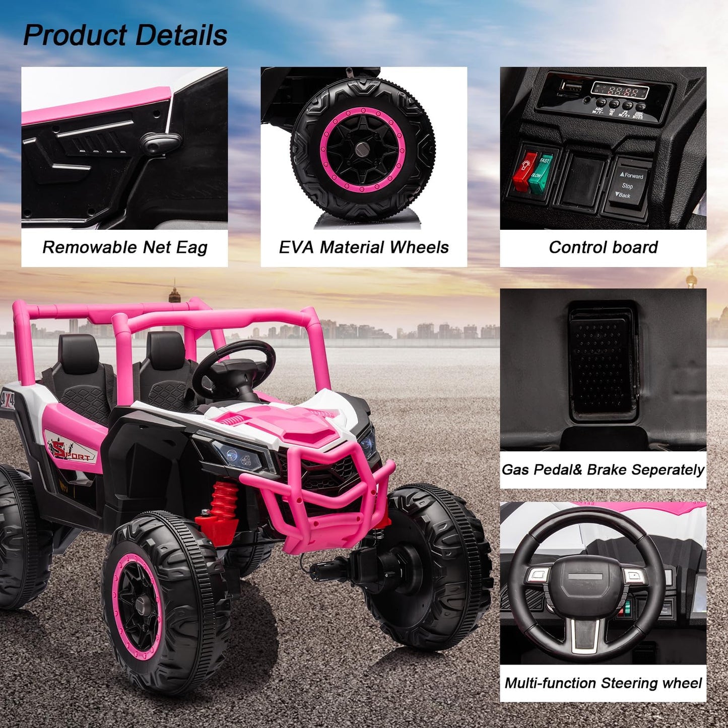 Garvee Ride - P Series: 2 Seater Ride on Car,12V Battery Powered Off-Road UTV Toy,Electric Car with Remote Control,Metal Frame,EVA Wheels,LED,Spring Suspension for 3-8 Boys&Girls - Pink