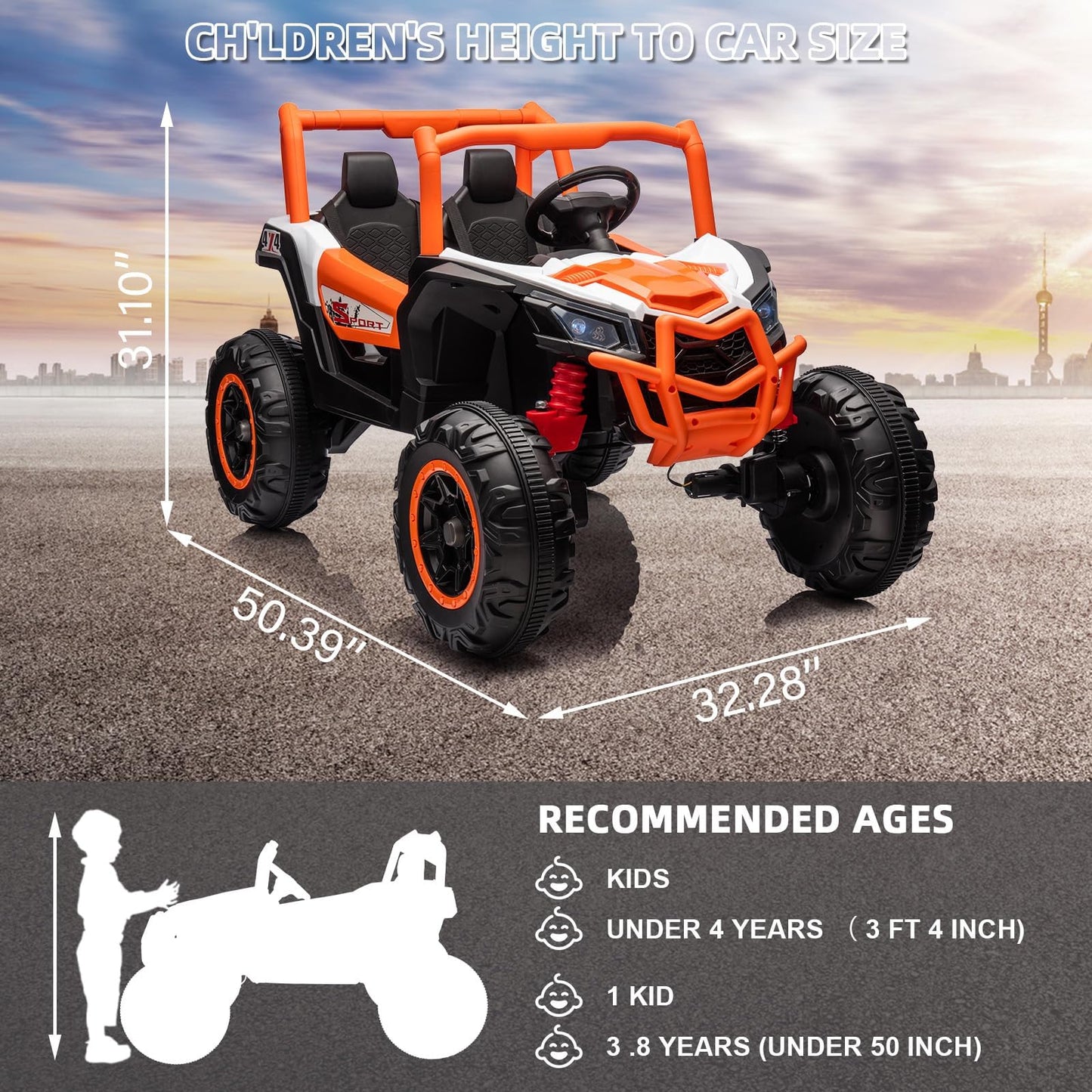 Garvee Ride - P Series: 2 Seater Ride on Car,12V Battery Powered Off-Road UTV Toy,Electric Car with Remote Control,Metal Frame,EVA Wheels,LED,Spring Suspension for 3-8 Boys&Girls - Orange