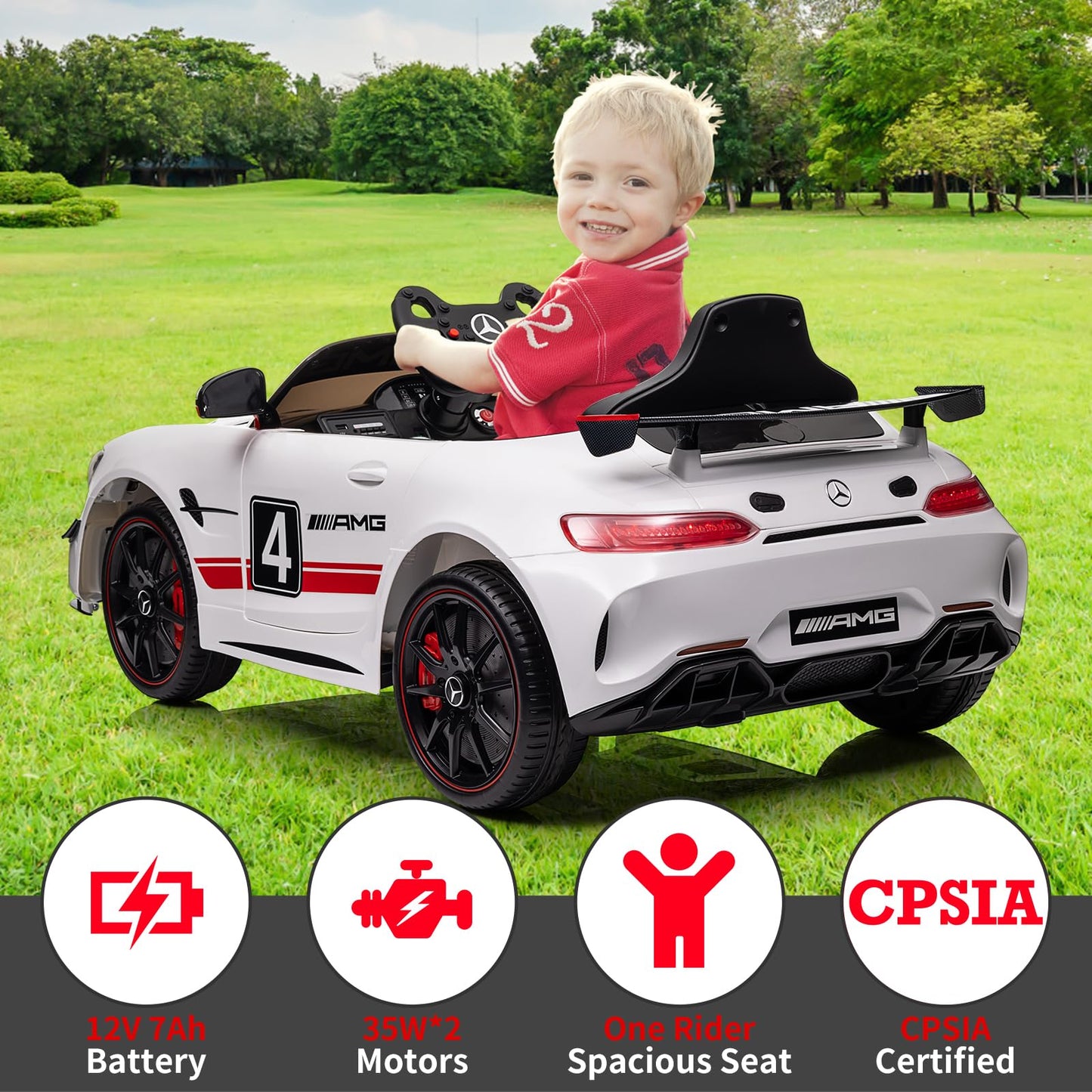 Garvee Ride on Car for Kids with Remote Contorl, 12V Licensed Benz AMG Electric Vehicles Battery Powered Sports Car,Sound System, LED Headlights,One Button Assemble Wheels for 3-8 Years Boys Girls - White
