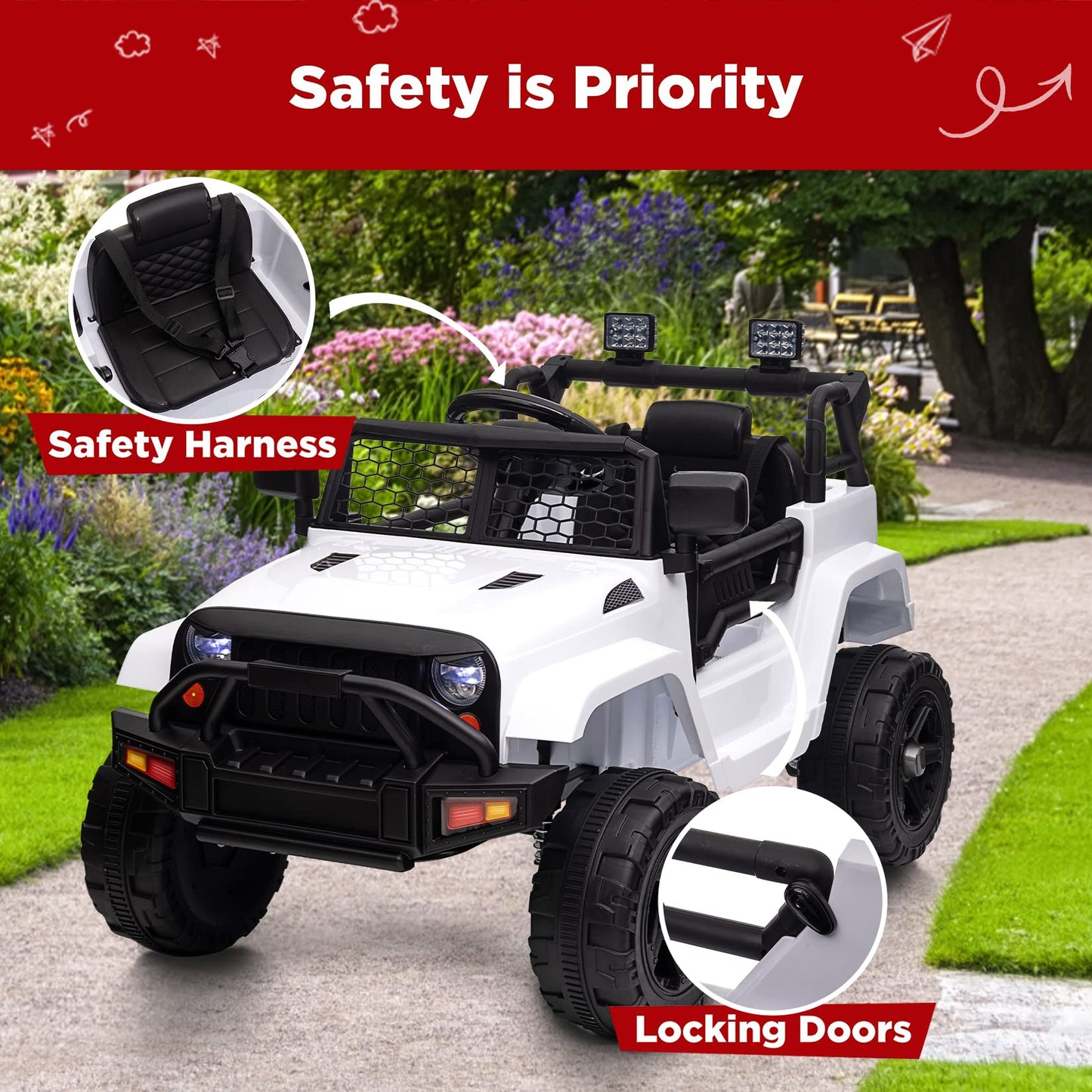 Garvee Ride - P Series: 12V Ride On Truck Car for kid : Remote Control, 3 Speeds, MP3 Music, Suspension, LED Lights,for 3+ Year Old - White