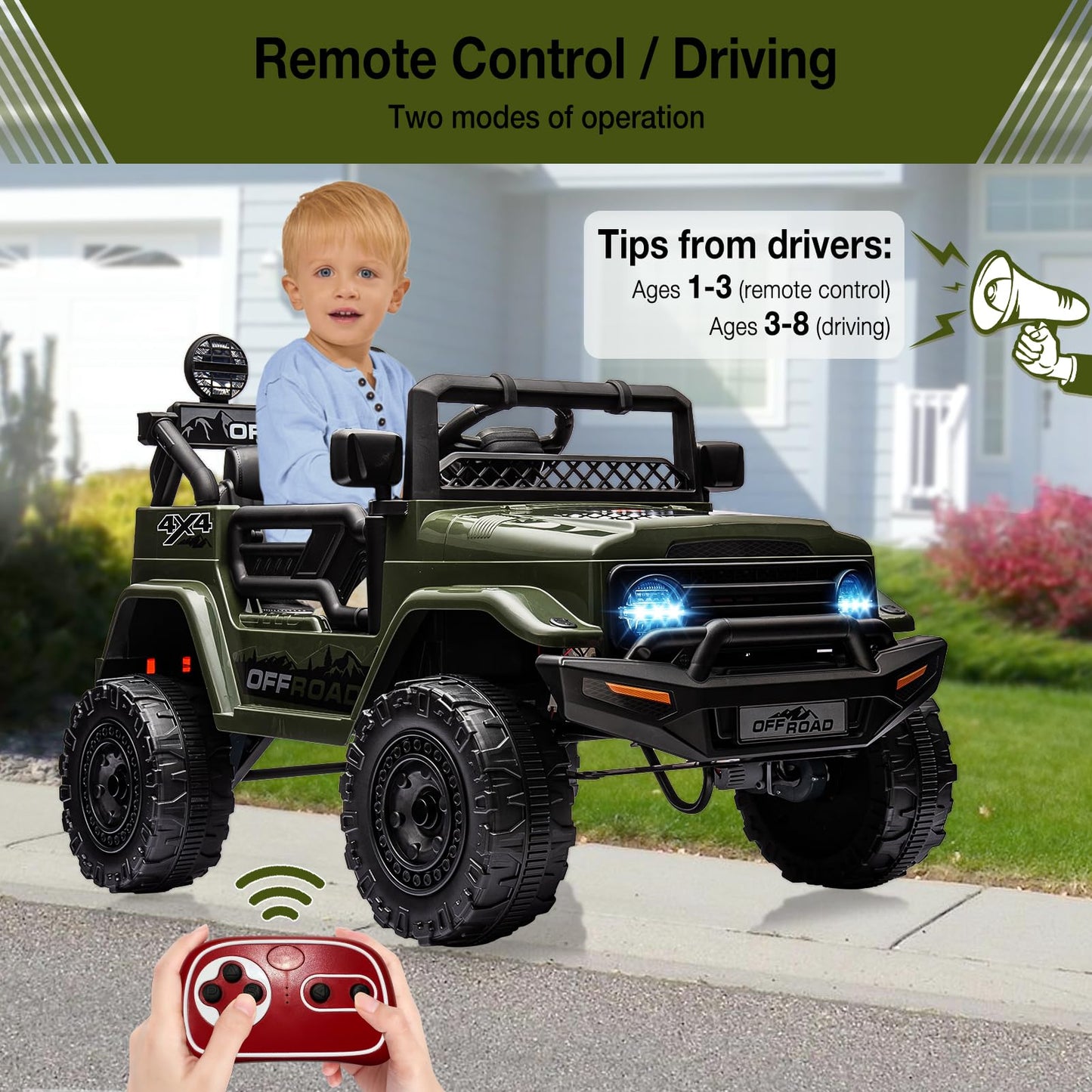 Garvee Ride - P Series: 12V Power Wheel Electric Car for Kids, Ride on Toys with Led Lights Bluetooth, 3 Speeds, Spring Suspension - Dark Green