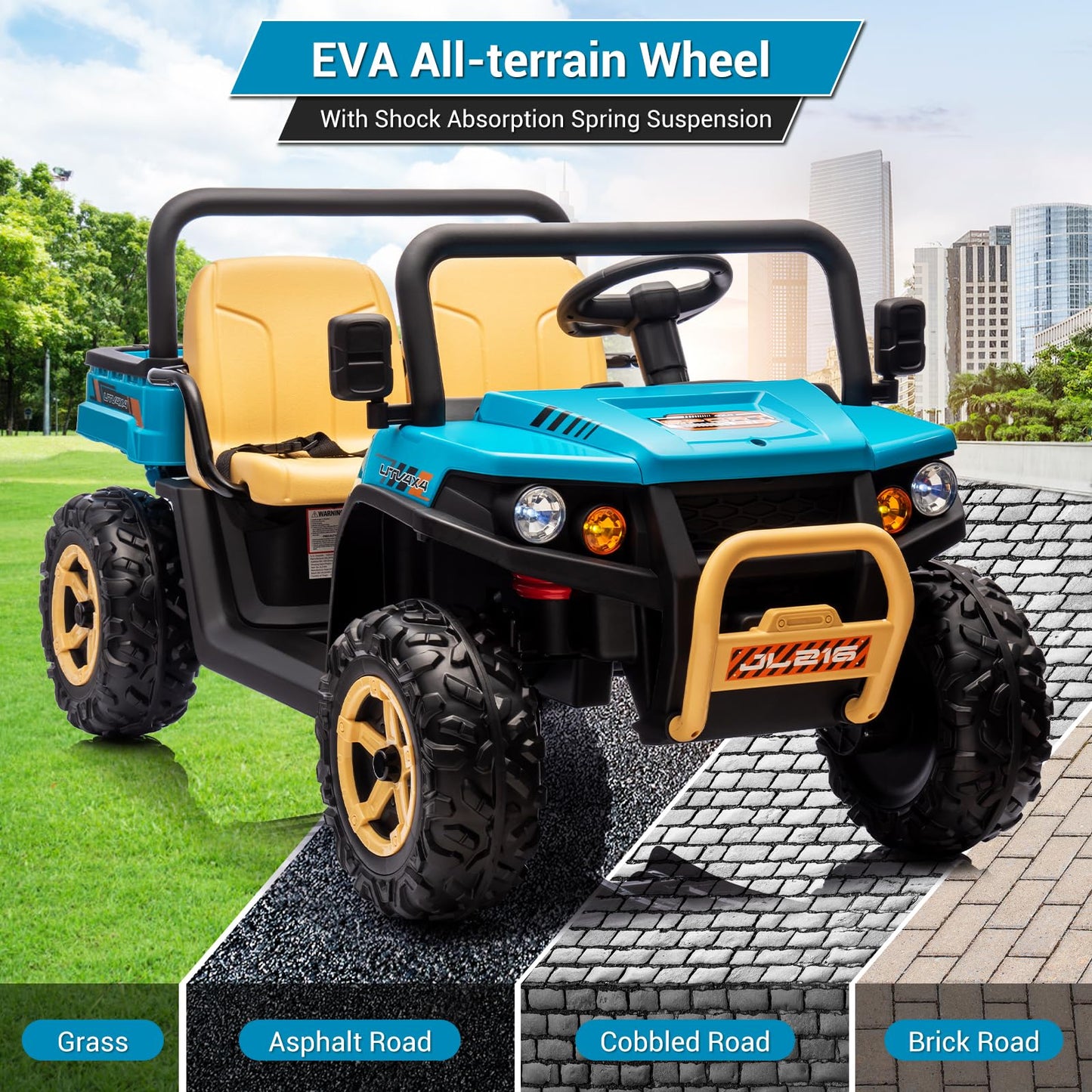 Garvee Ride - P Series: 24v Ride On Dump Truck, 2 Seater Electric Ride On Car Toy for Kids, Battery Powered UTV with 4x35W Motors, Shovel, Bluetooth, Remote Control, Music, LED Lights for Boys & Girls - Blue