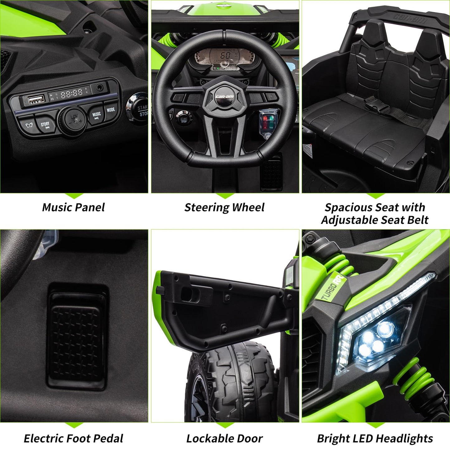 Garvee Ride - P Series: 12V Can-Am Ride-On UTV: Remote Control, Large Seat, Music, LED Lights, Spring Suspension, for Boys & Girls - Green