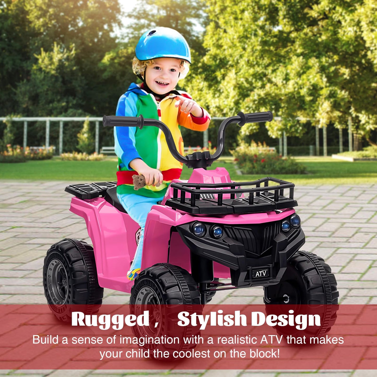 Garvee Ride - P Series: 12V Kids Ride On Electric ATV, Ride Car Toy with Bluetooth Audio,High/Low Speed, LED Headlights, Battery Indicator & Radio Orange - Pink