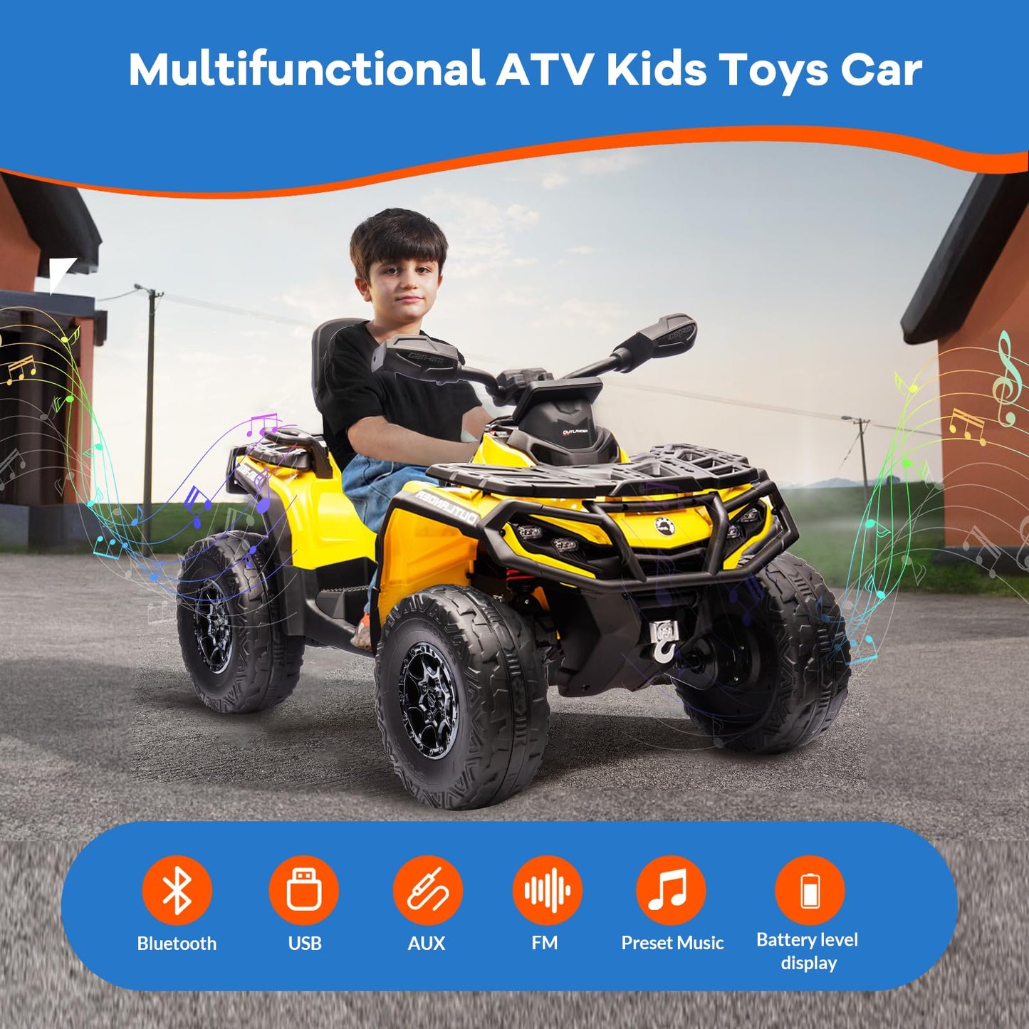 Garvee Ride - P Series: 12V Kids Ride On Electric ATV, 2 Leather Seater ATV Car for Kids, 27V Kids Ride On Toys with LED Headlights, Bluetooth & Music, Adjusted Speeds 2-4 MPH, Ride On Toys for Kids 3-8,Yellow