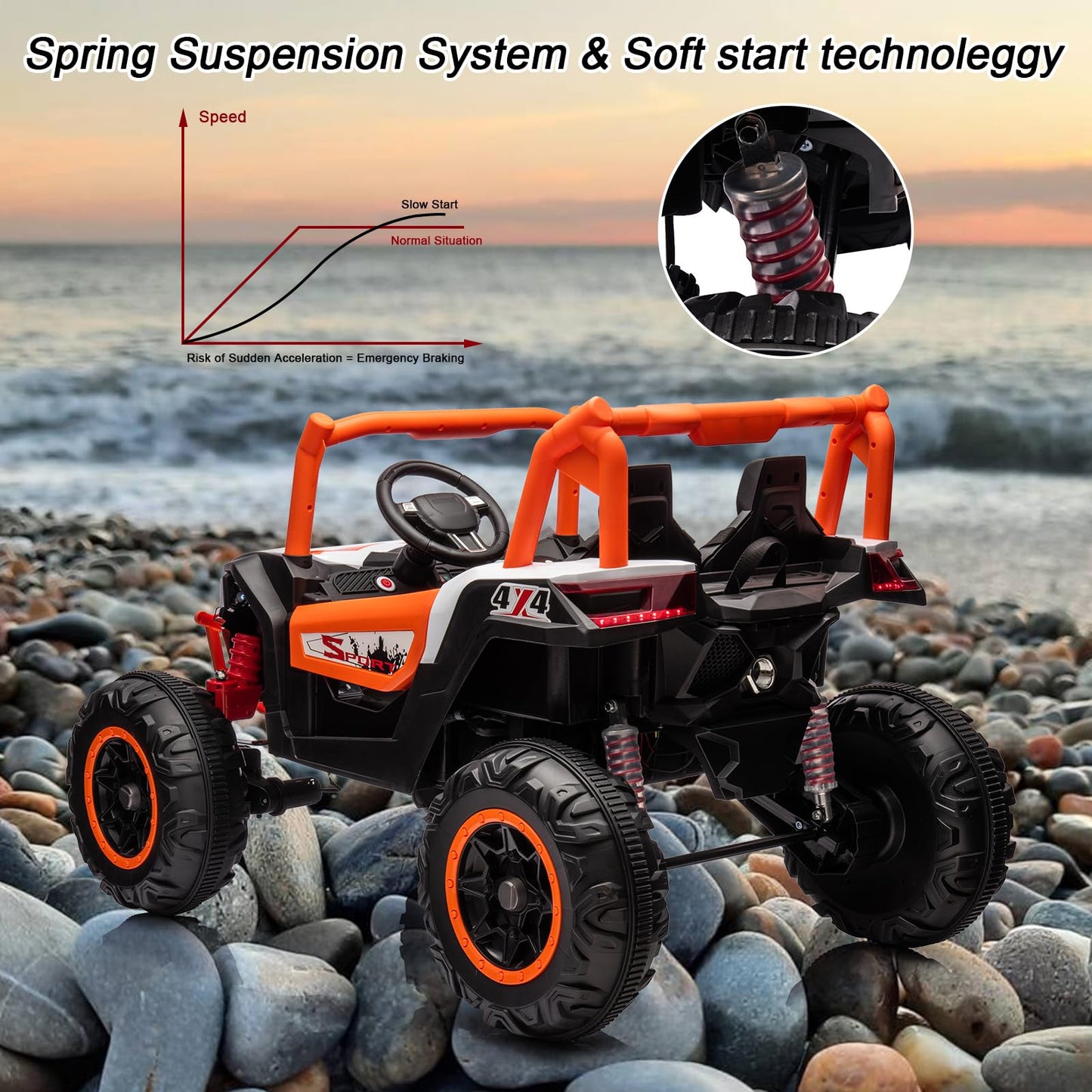 Garvee Ride - P Series: 24V 2-Seater Ride-On UTV: 4WD, Remote Control, Metal Frame, EVA Wheels, LED Lights, Spring Suspension, for Ages 3+ - Orange