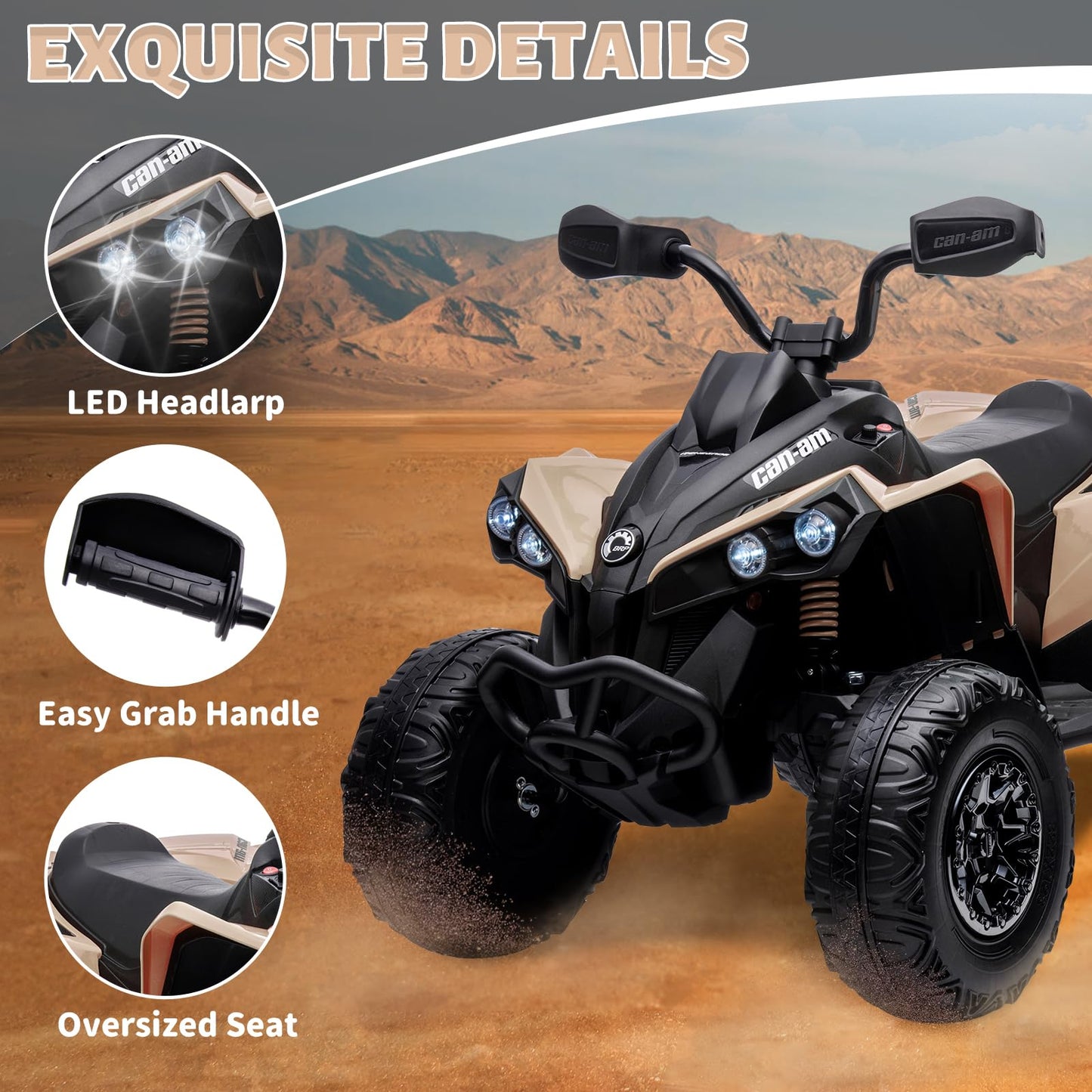 Garvee Ride - P Series: 12V Ride on Toy Car Bombardier Licensed BRP Can-am 4 Wheeler Quad Electric Vehicle, w/LED Lights, Spring Suspension, Bluetooth, Music, USB, Treaded Tires, White - Khaki